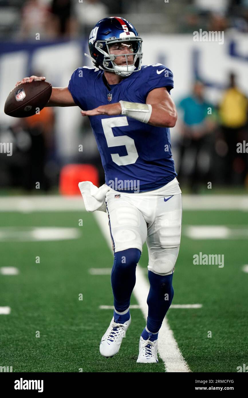 New York Giants quarterback Tommy DeVito (5) during an NFL football game  against the New York Jets, Saturday, Aug. 26, 2023 in East Rutherford, N.J.  Jets won 32-24. (AP Photo/Vera Nieuwenhuis Stock Photo - Alamy