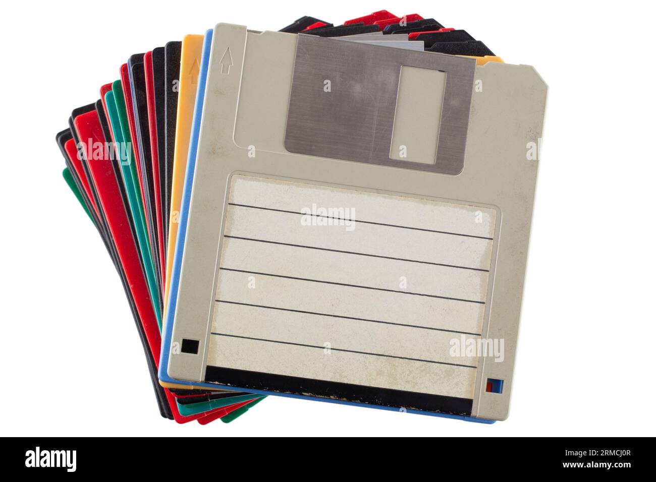Colored old retro floppy diskettes in stack. Isolated on white ...