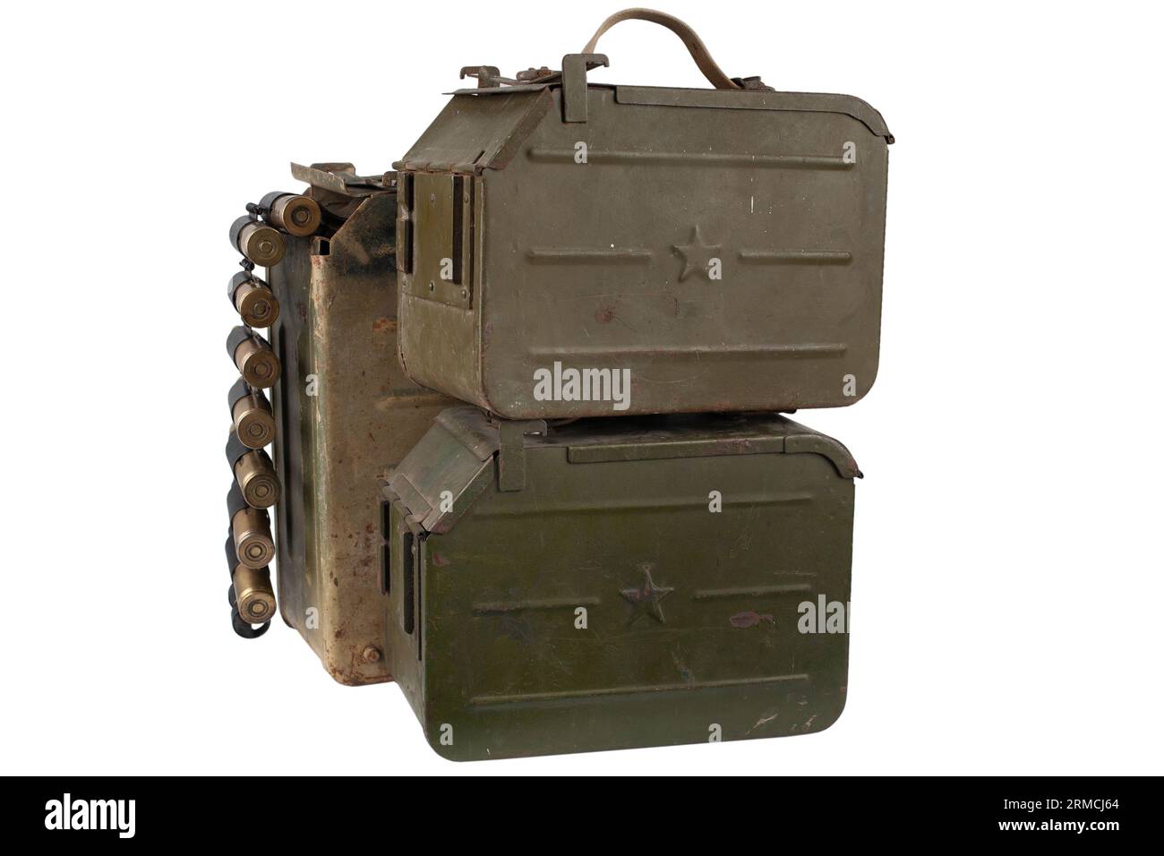 Ammo box with ammunition belt and 14.5mm cartridges for a 14.5mm KPVT heavy machine gun used by the former Soviet Union. Isolated on white background. Stock Photo