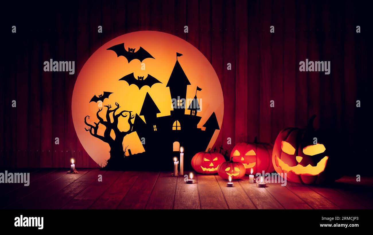 Halloween concept pumpkin and bat and background with old castles, 3d ...