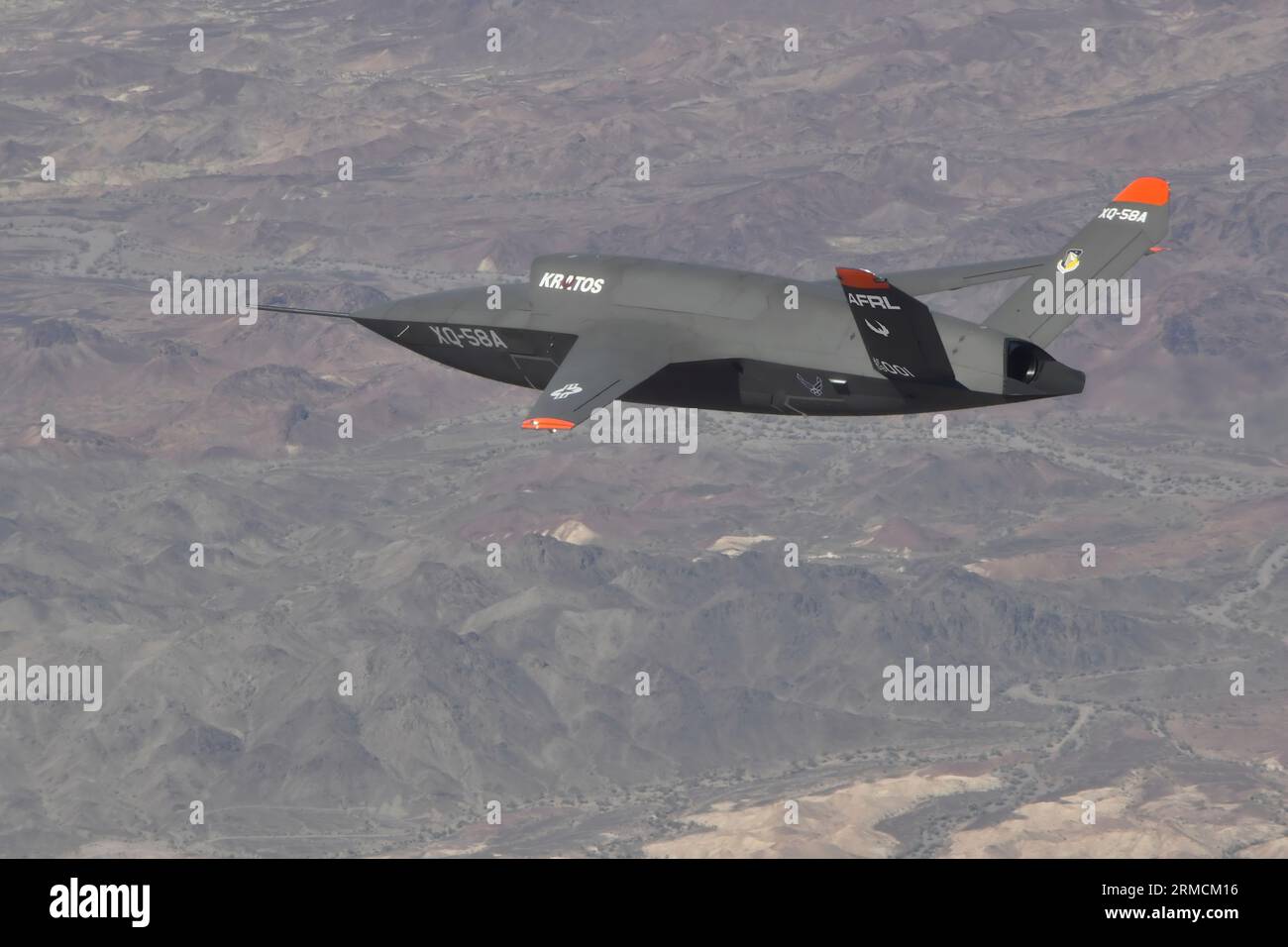 The XQ-58A Valkyrie is pictured during second test flight on June 11, 2019. Kratos Defense & Security Solutions, Inc., and the Air Force Research Laboratory received a 2020 Aviation Week Network Laureate Award for this low-cost, rapidly-procured attritable concept vehicle. Stock Photo