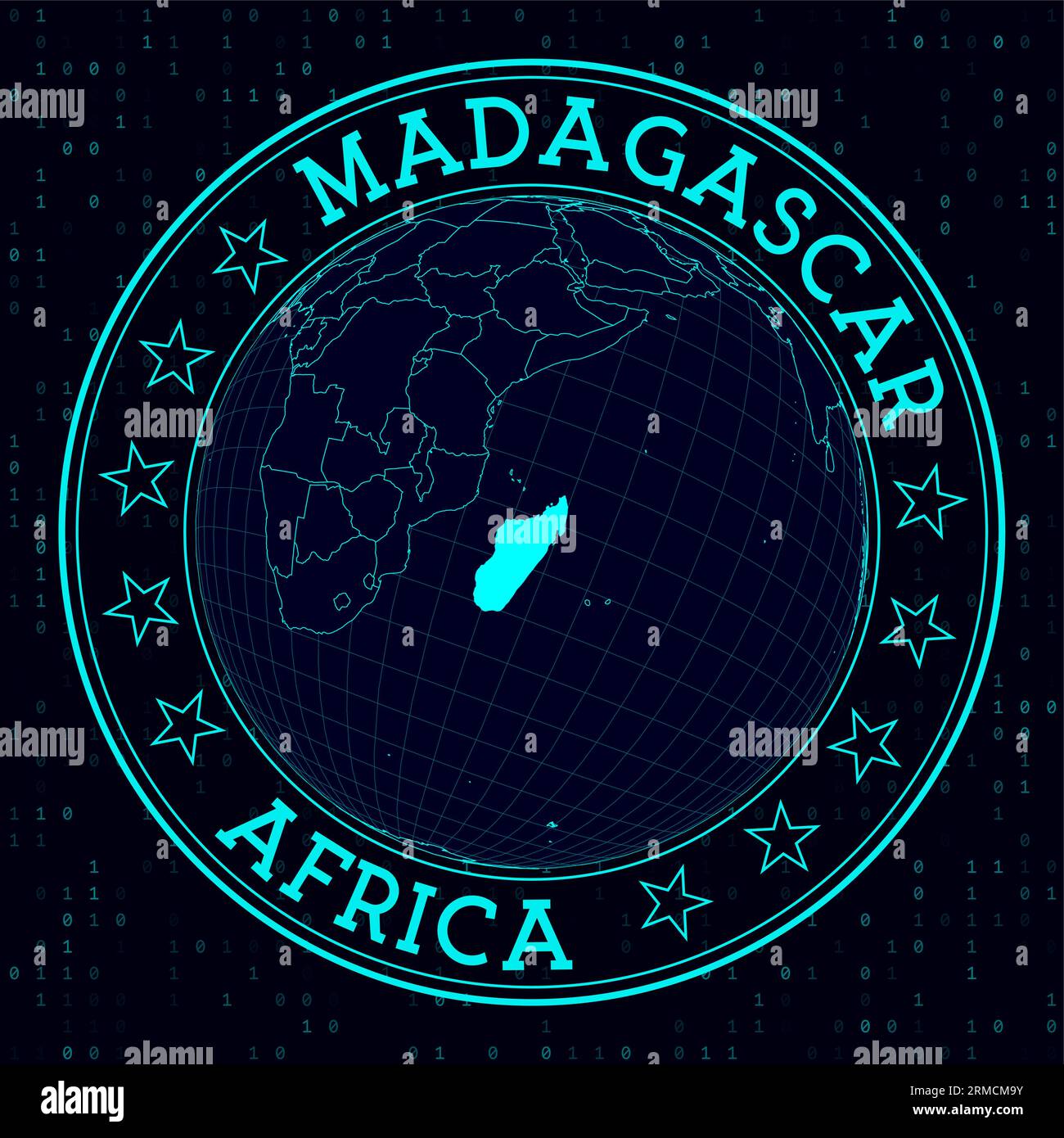 MADAGASCAR round sign. Futuristic satelite view of the world centered to MADAGASCAR. Geographical badge with map, round text and binary background. Ne Stock Vector