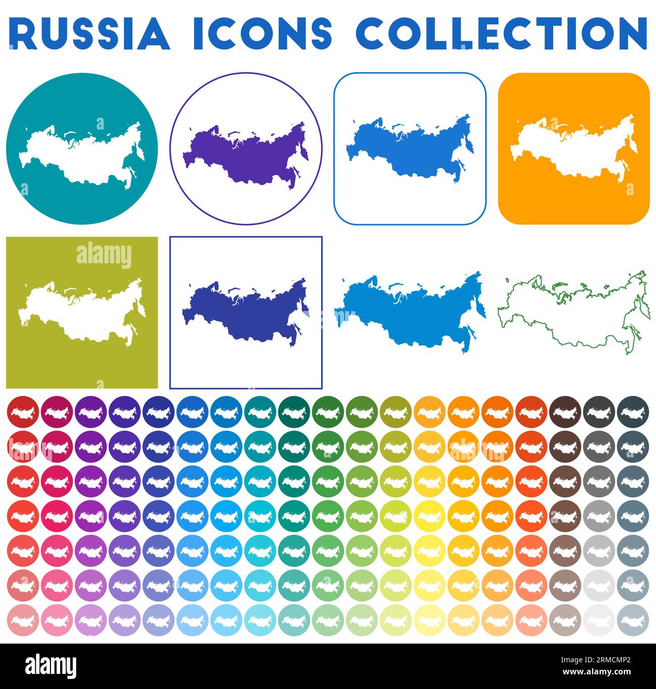 Russia icons collection. Bright colorful trendy map icons. Modern Russia badge with country map. Vector illustration. Stock Vector