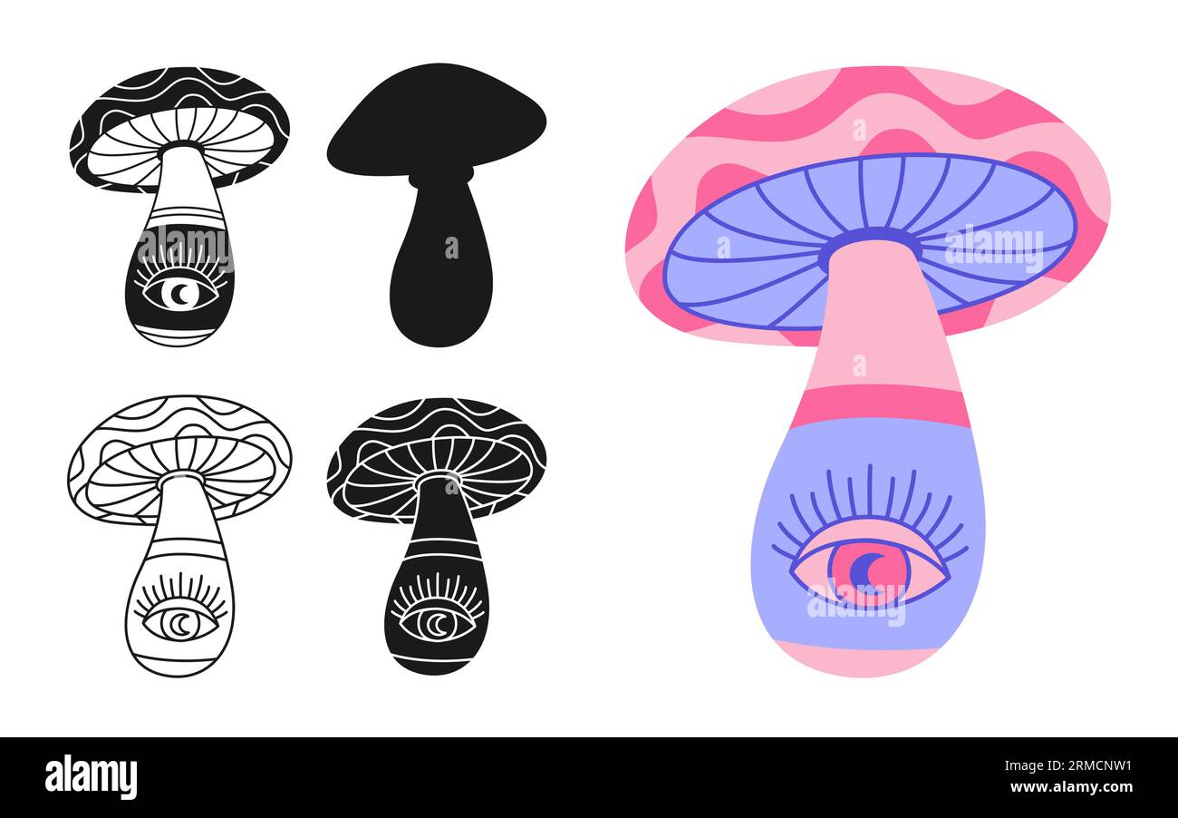 Mushrooms stylizes hippie retro set. Poisonous psychedelic 