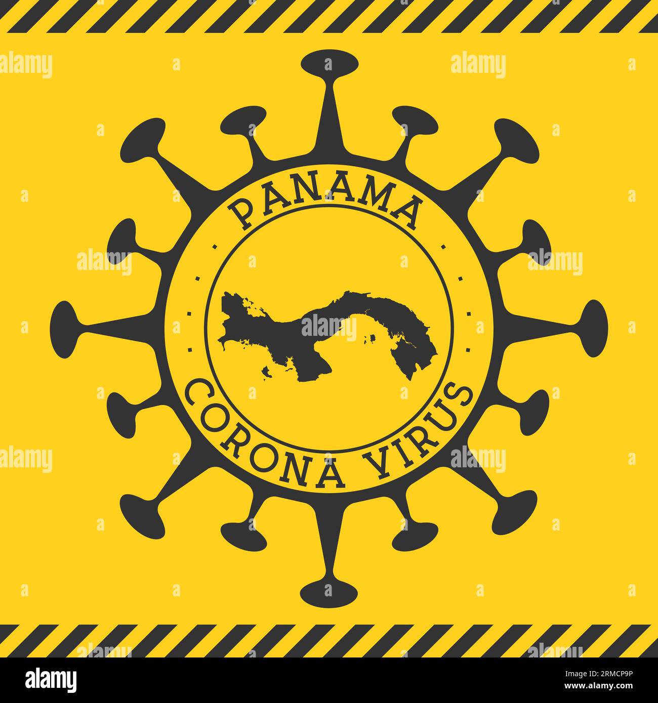 Corona virus in Panama sign. Round badge with shape of virus and Panama map. Yellow country epidemy lock down stamp. Vector illustration. Stock Vector