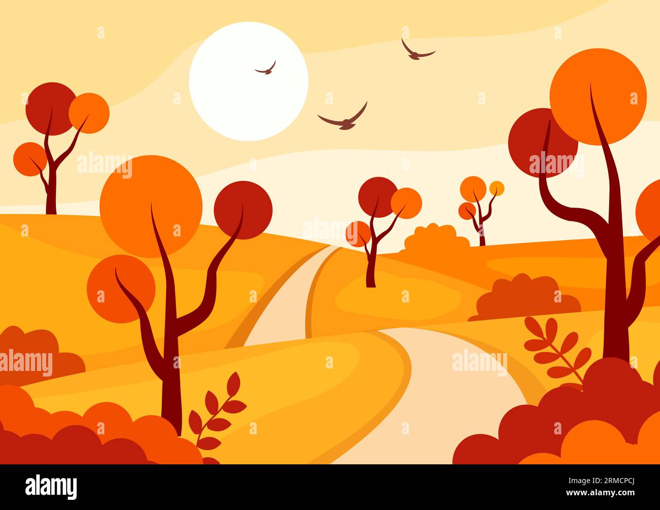 Autumn Landscape Background Vector Illustration with Mountains, Fields, Trees and Fall Leaves in Flat Cartoon Natural Season Panorama Templates Stock Vector