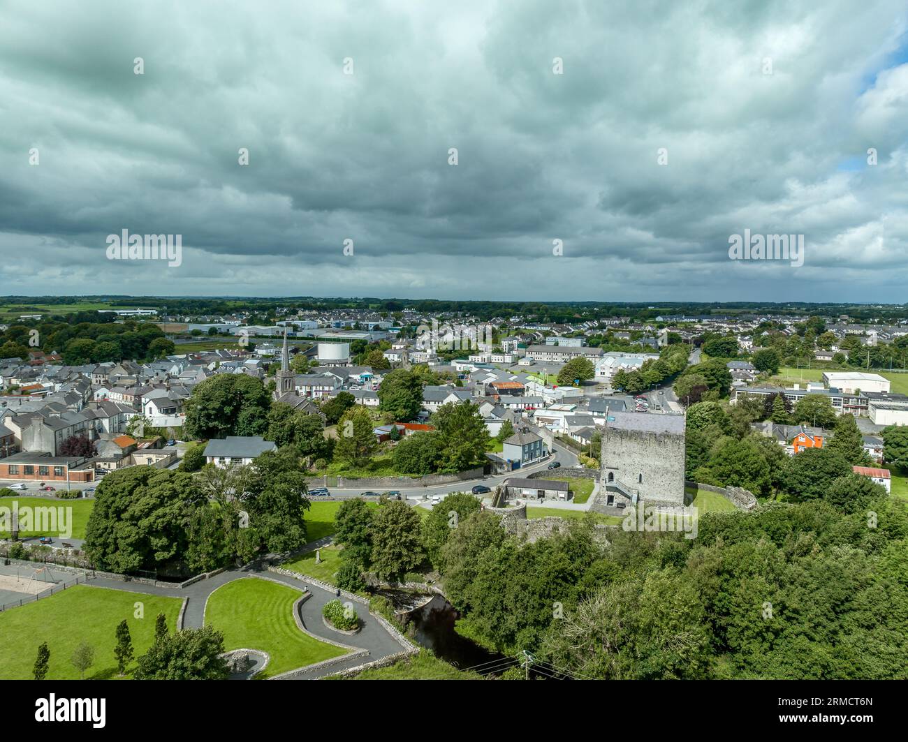 Aerial view of Athenry castle tower house dramatic threestorey hall