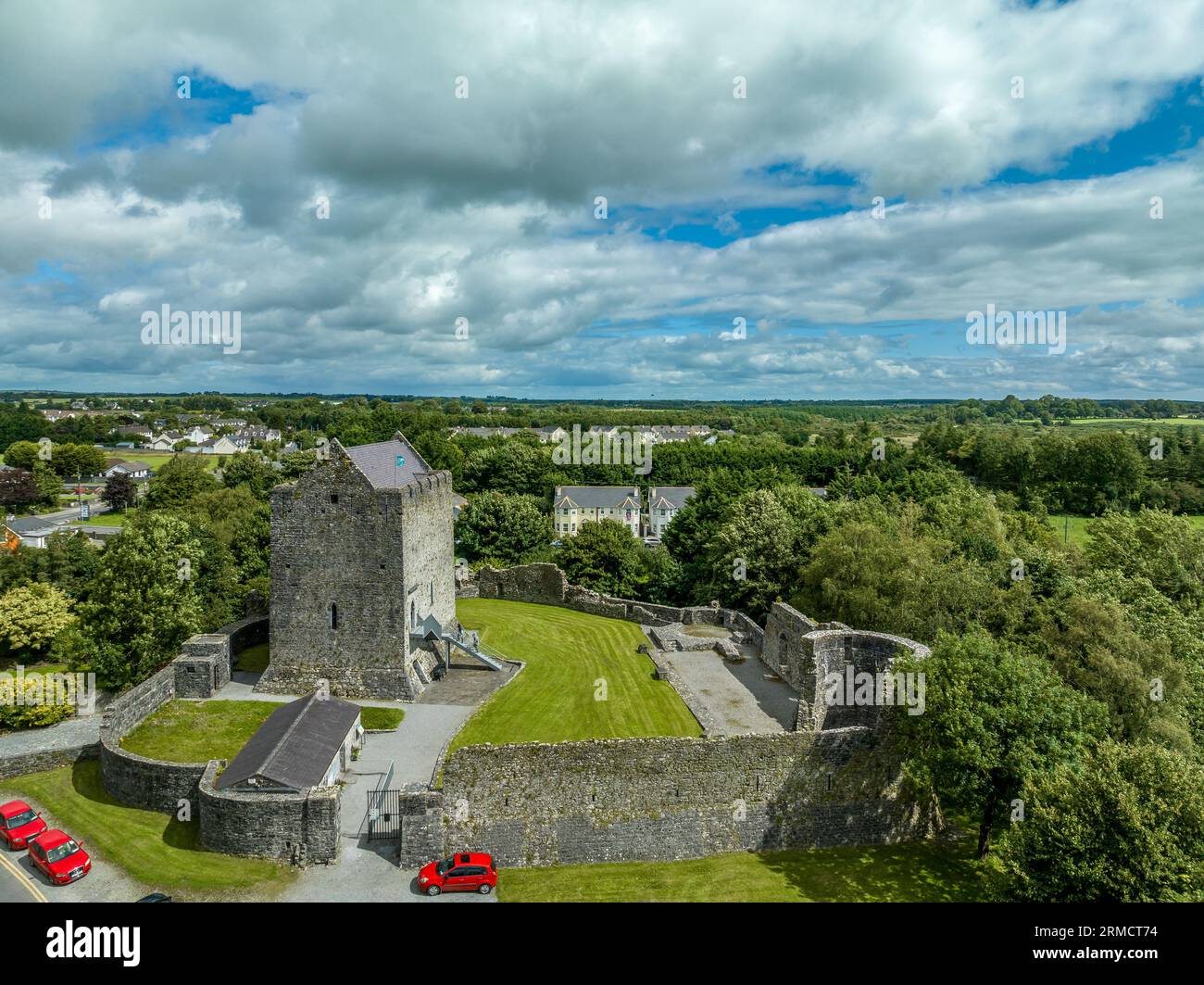 Aerial view of Athenry castle tower house dramatic three-storey hall-keep survives from the mid-thirteenth century, large, rectangular building with g Stock Photo
