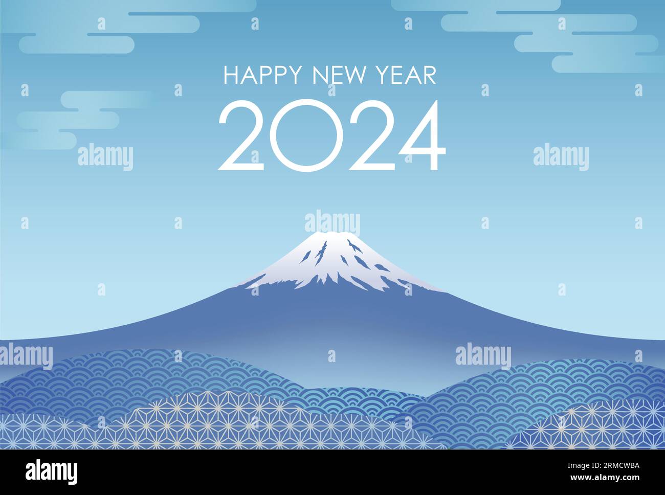 2024 New Year’s Vector Template With Blue Mt. Fuji Decorated With Vintage Japanese Patterns. Stock Vector