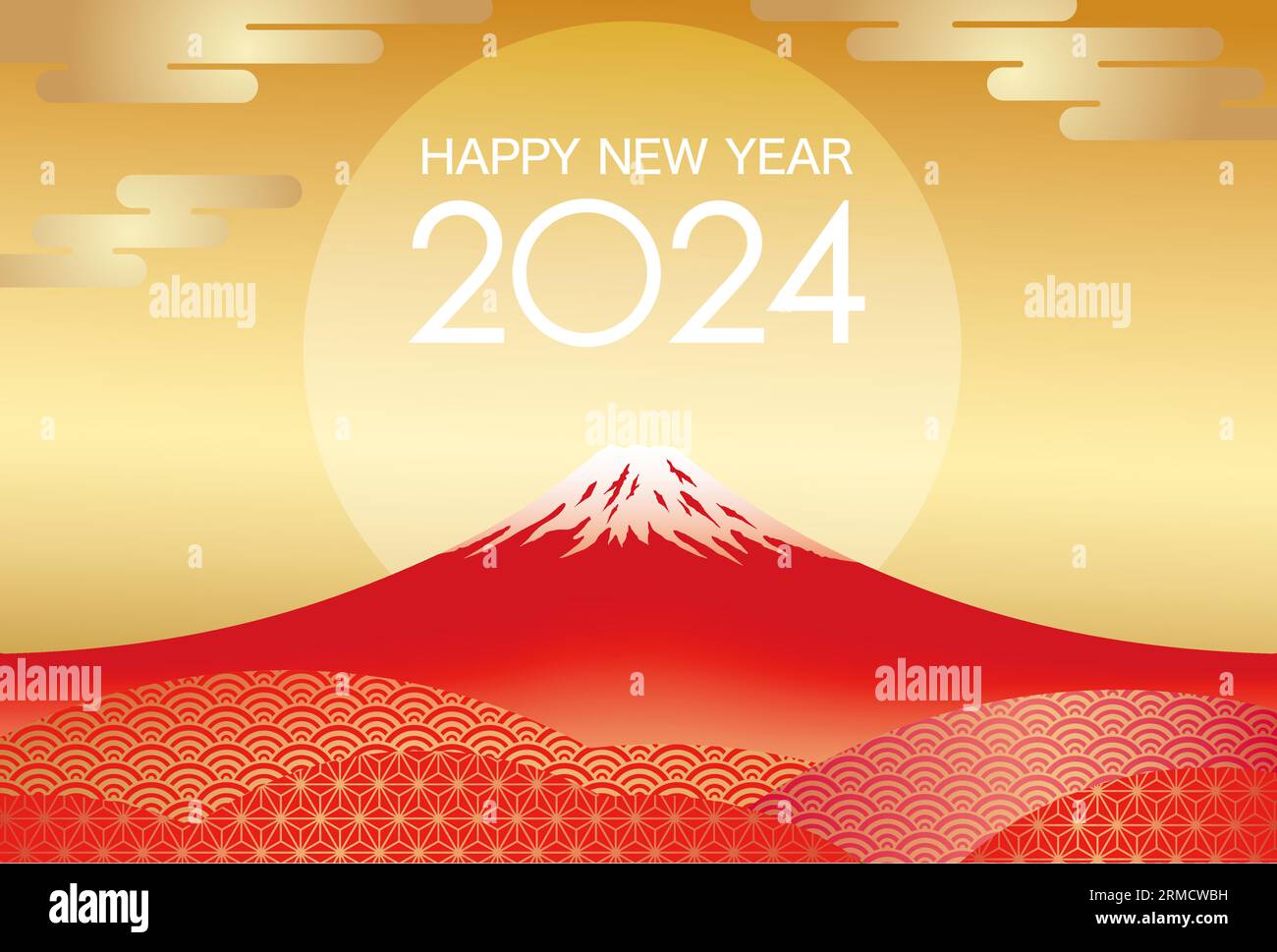 2024 New Year’s Vector Template With Red Mt. Fuji Decorated With Vintage Japanese Patterns. Stock Vector
