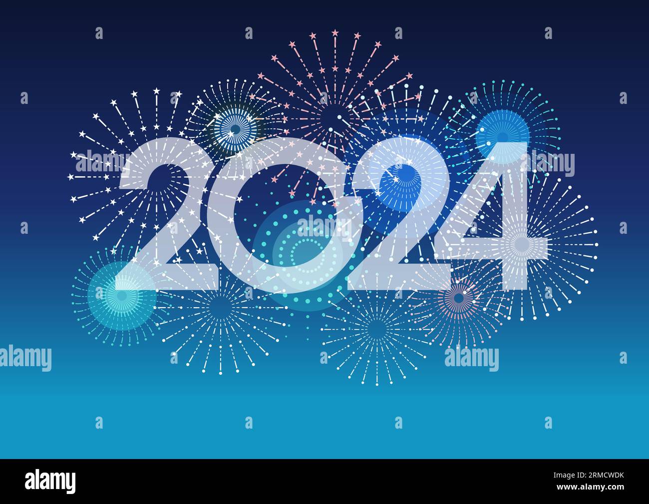 The Year 2024 Logo And Fireworks With Text Space On A Blue Background. Vector illustration Celebrating The New Year. Stock Vector