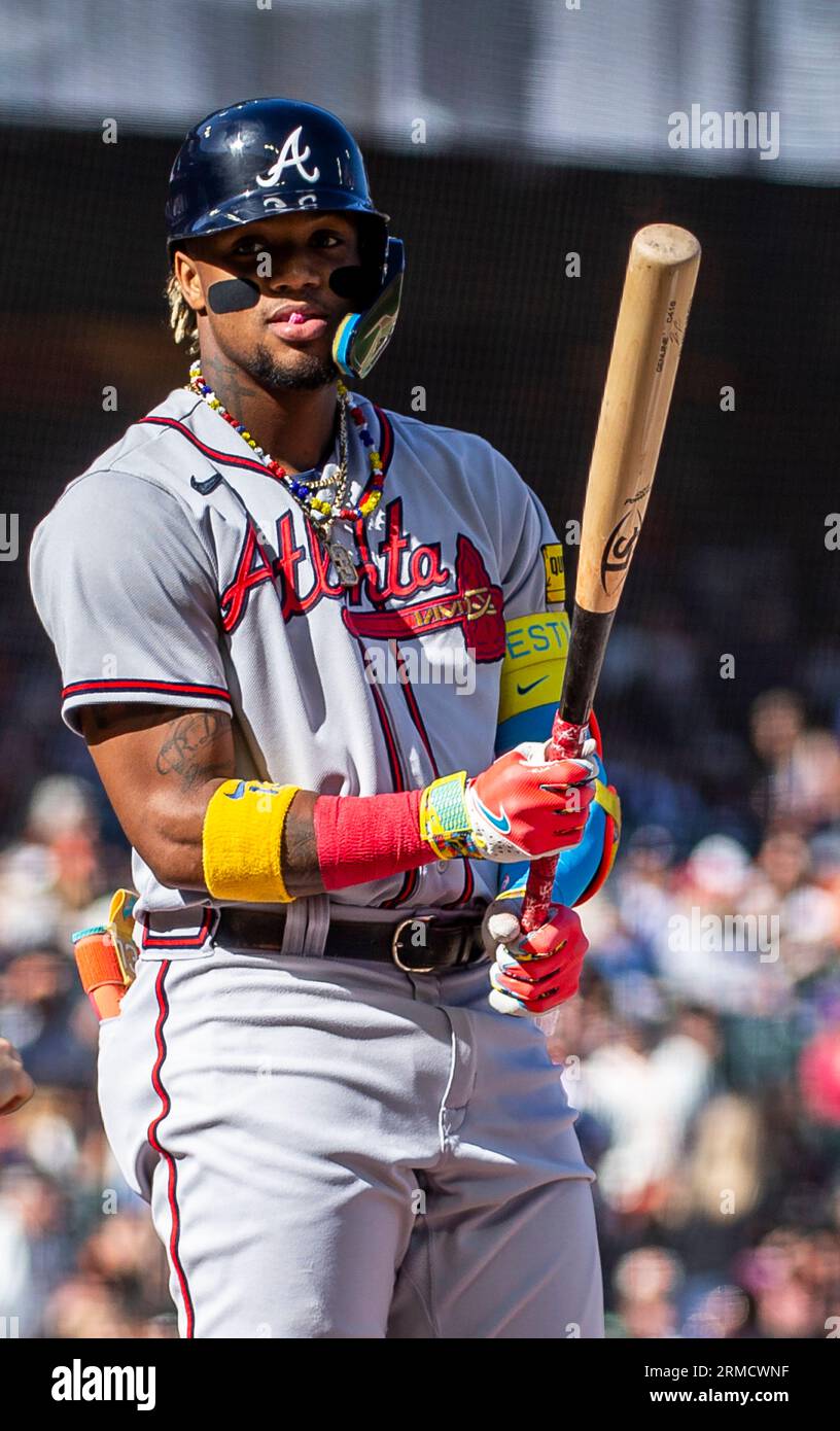 August 27 2023 San Francisco, CA CAPTION CORRECTION: Atlanta right fielder Ronald Acuna Jr. (13) up at bat to start the game during the MLB game between the Atlanta Braves and the San Francisco Giants at Oracle Park San Francisco Calif. Thurman James/CSM Stock Photo