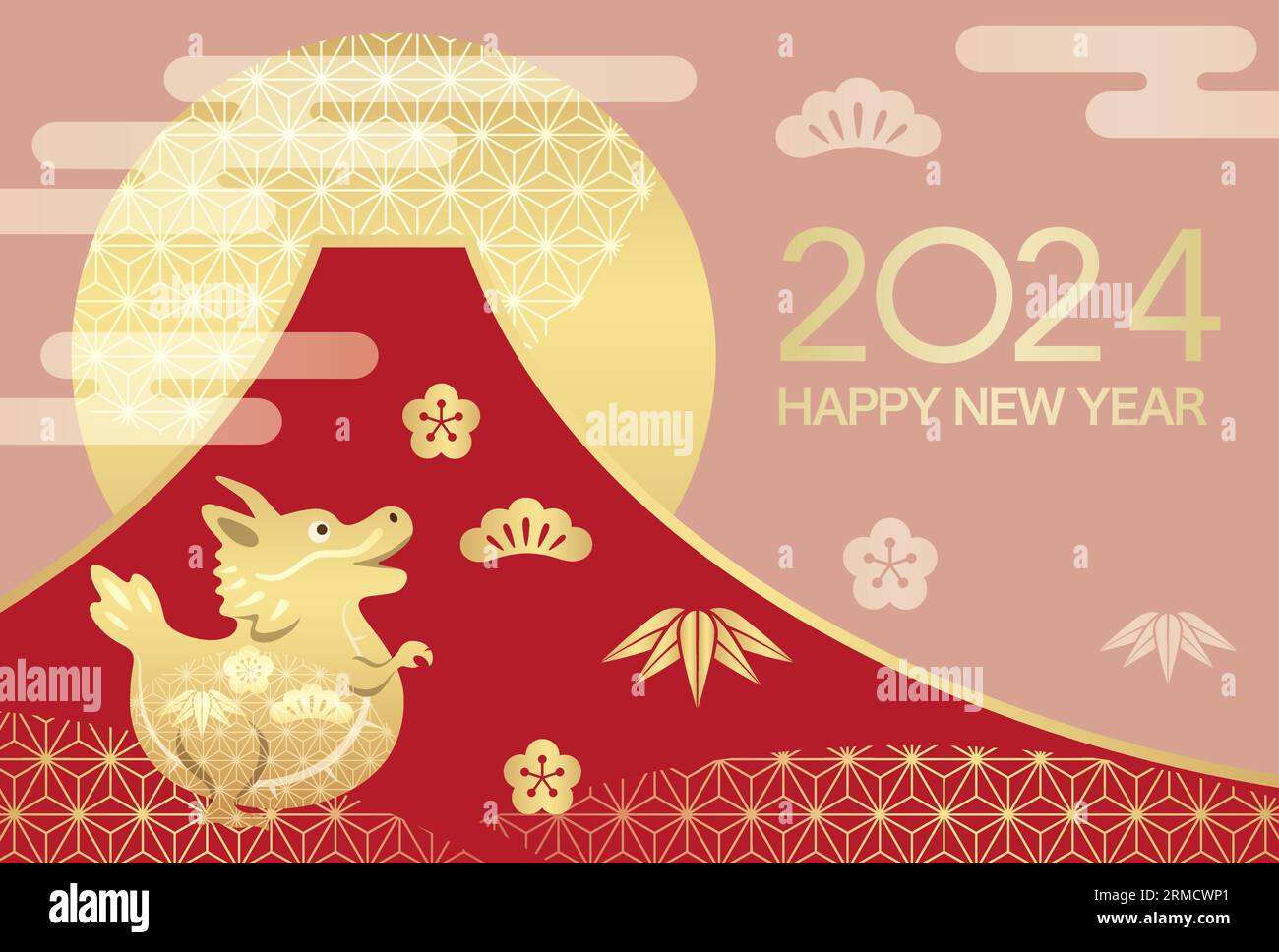 2024, Year Of The Dragon, New Year Greeting Card Vector Template With Mt. Fuji, Rising Sun, And A Dragon Mascot Decorated With Vintage Japanese Patter Stock Vector