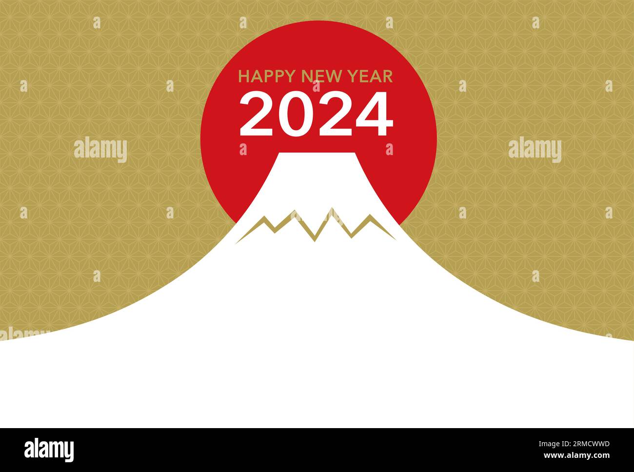 2024 New Year Greeting Card Vector Template With Snow-Covered Mt. Fuji, Rising Sun, And New Year’s Greetings Decorated With Vintage Japanese Patterns. Stock Vector