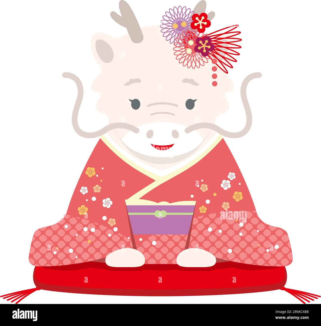 The Year Of The Dragon Mascot Dressed In Japanese Kimono Offering His/Her New Year Greetings. Vector Illustration Isolated On A White Background. Stock Vector