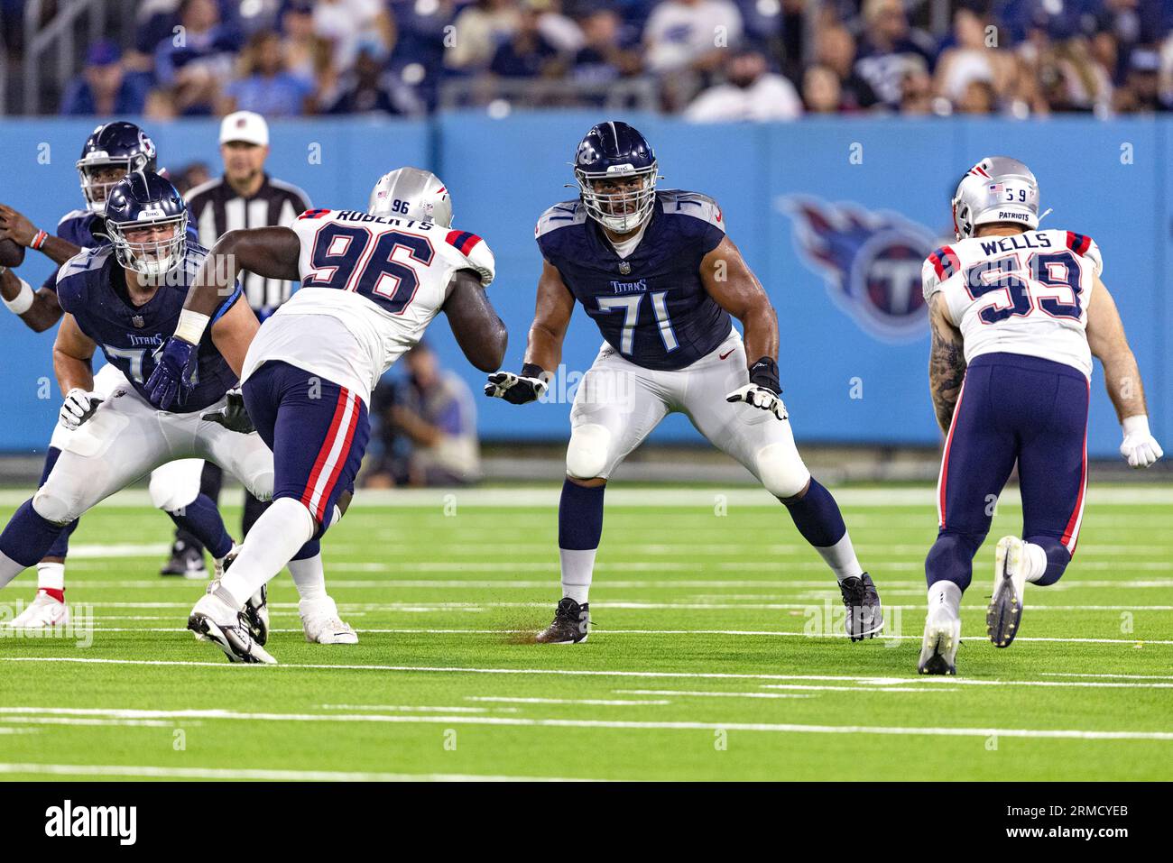 Tennessee Titans offensive tackle Andre Dillard stands on the sideline  before before an NFL preseason football game against the New England  Patriots, Saturday, Aug. 26, 2023, in Nashville, Tenn. (AP Photo/George  Walker