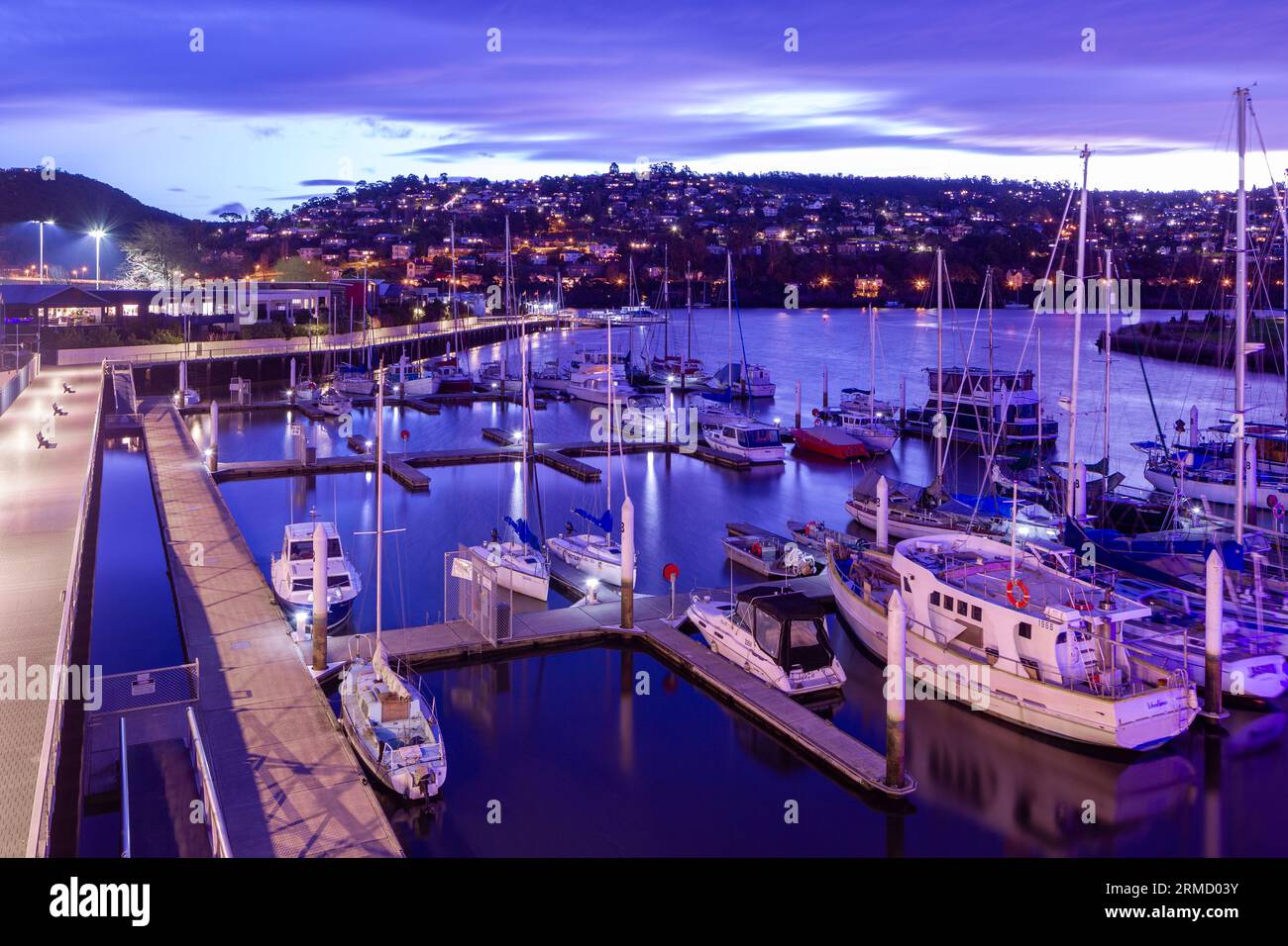 A night view of the Seaport marina on the Esk River in Launceston
