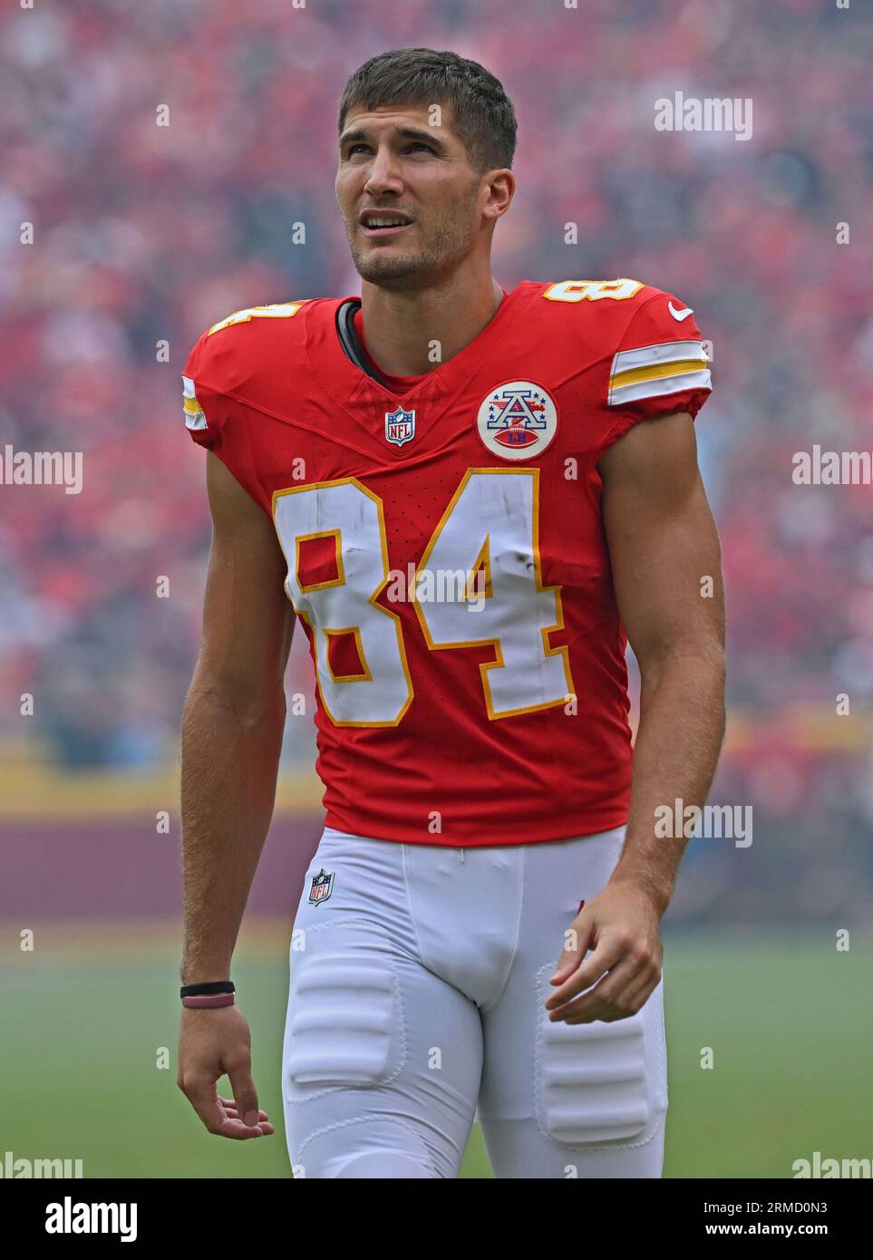 Kansas City Chiefs wide receiver Justin Watson (84) looks on before an NFL  preseason football game against the Cleveland Browns Saturday, Aug. 26,  2023, in Kansas City, Mo. (AP Photo/Peter Aiken Stock