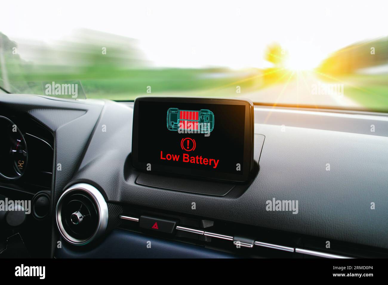 Low battery caution display on screen of a car malfunction, The battery