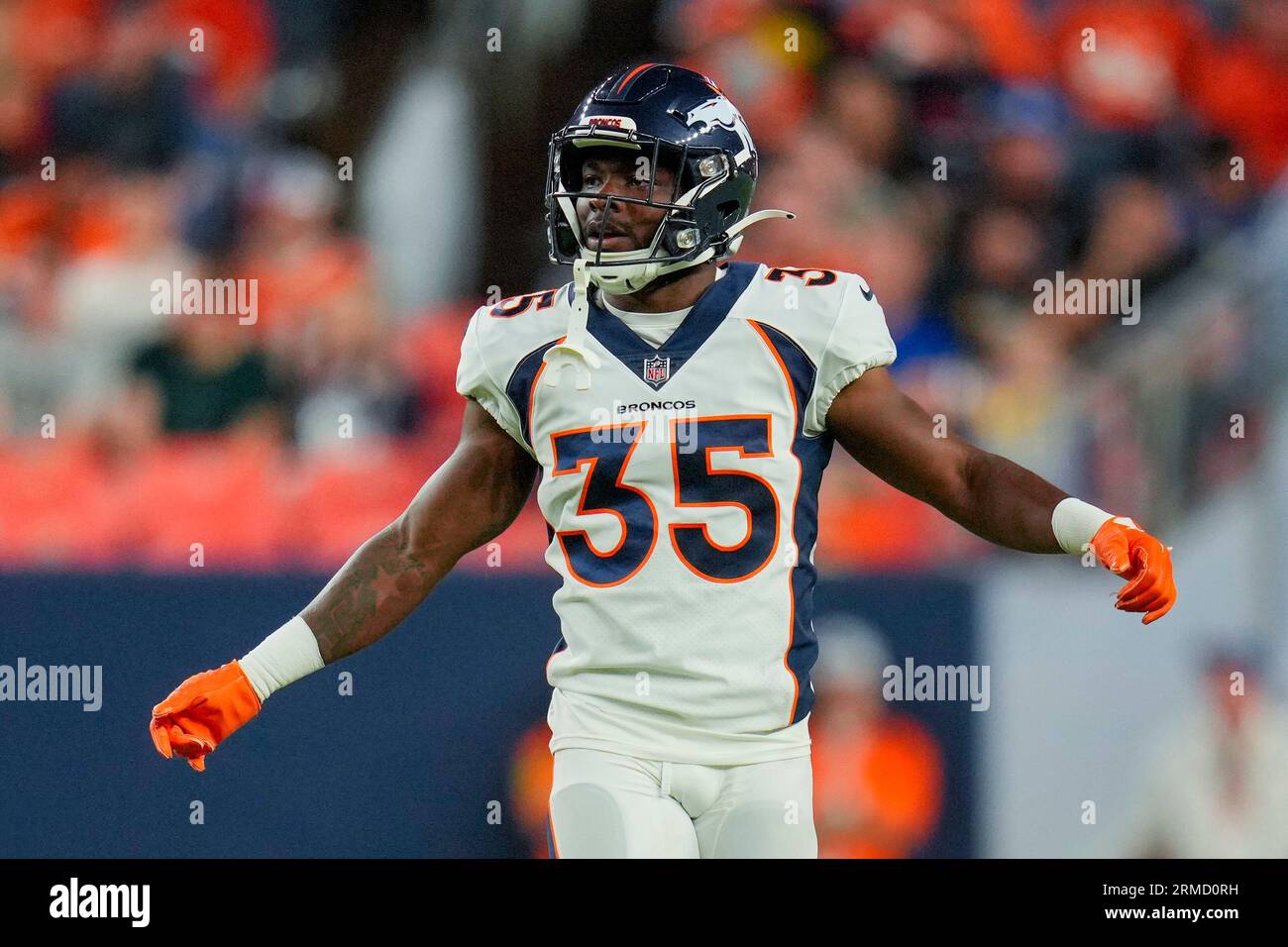 Denver Broncos cornerback Ja'Quan McMillian (35) in the first half of an NFL  preseason football game Saturday, Aug. 26, 2023, in Denver. (AP Photo/David  Zalubowski Stock Photo - Alamy