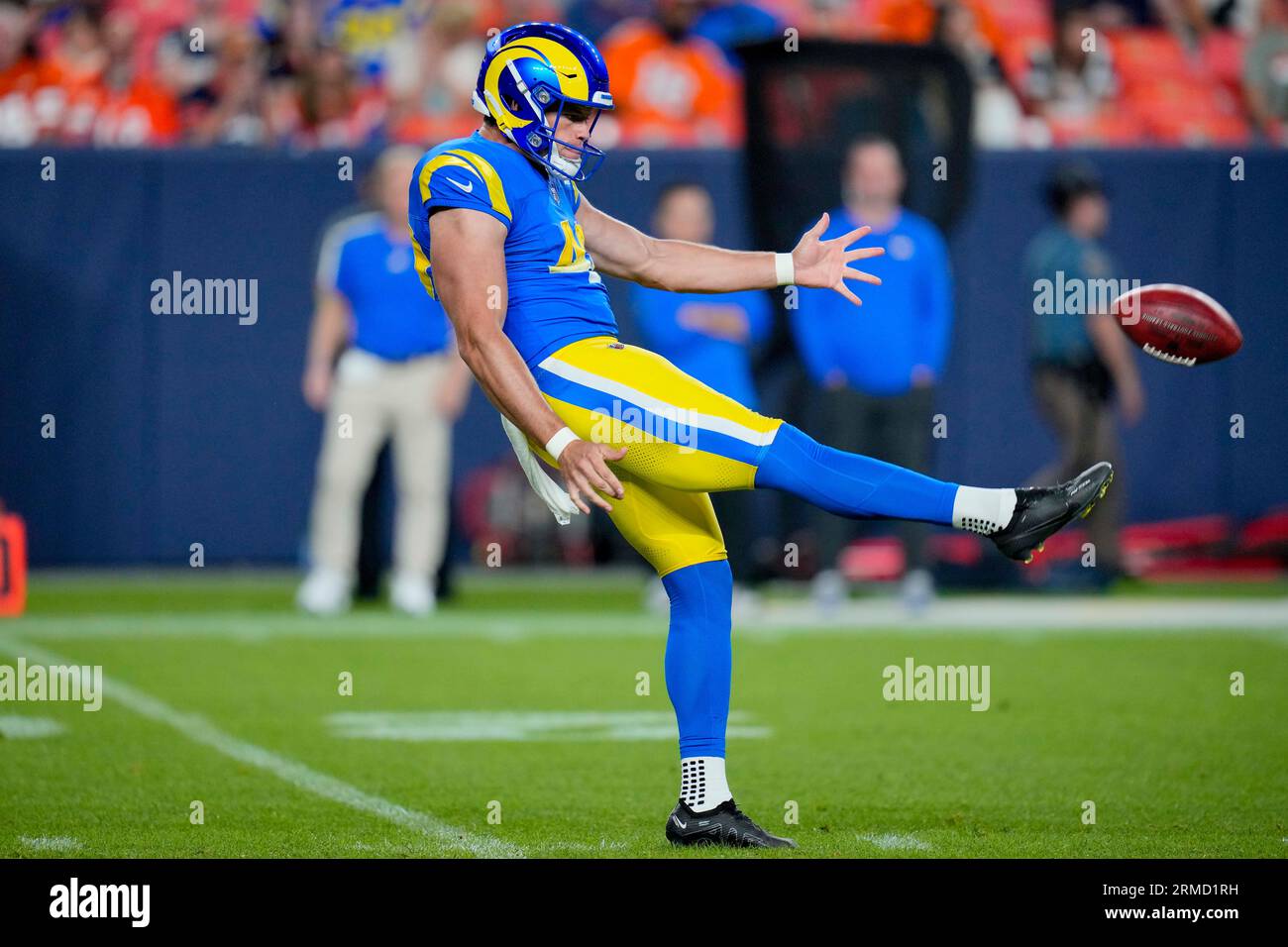 Los Angeles Rams punter Ethan Evans (42) kicks against the Denver Broncos  of an NFL football game Saturday, Aug 26, 2023, in Denver. (AP Photo/Bart  Young Stock Photo - Alamy