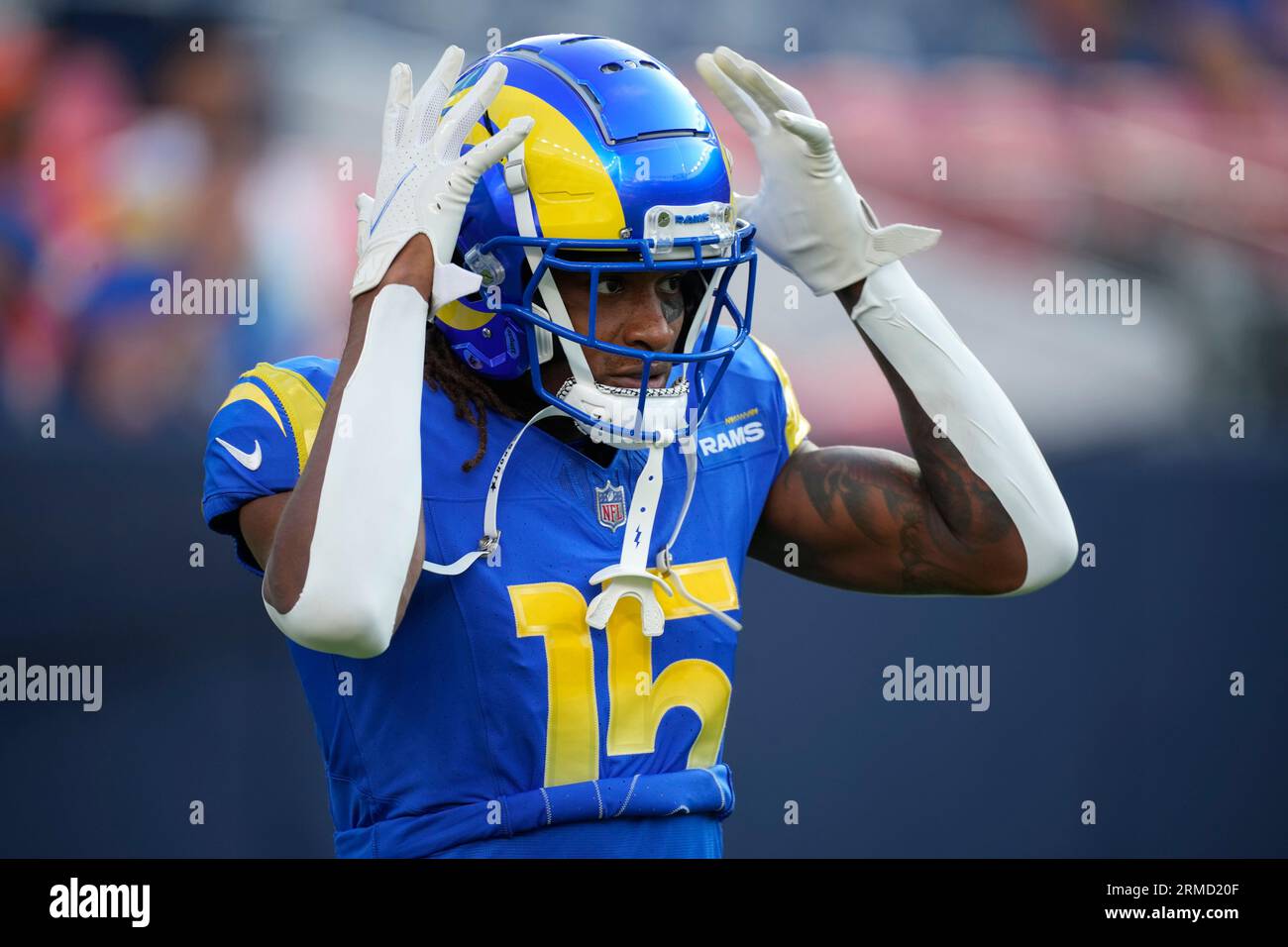 Los Angeles Rams wide receiver Demarcus Robinson (15) warms up before an NFL  preseason football game Saturday, Aug. 26, 2023, in Denver. (AP Photo/David  Zalubowski Stock Photo - Alamy