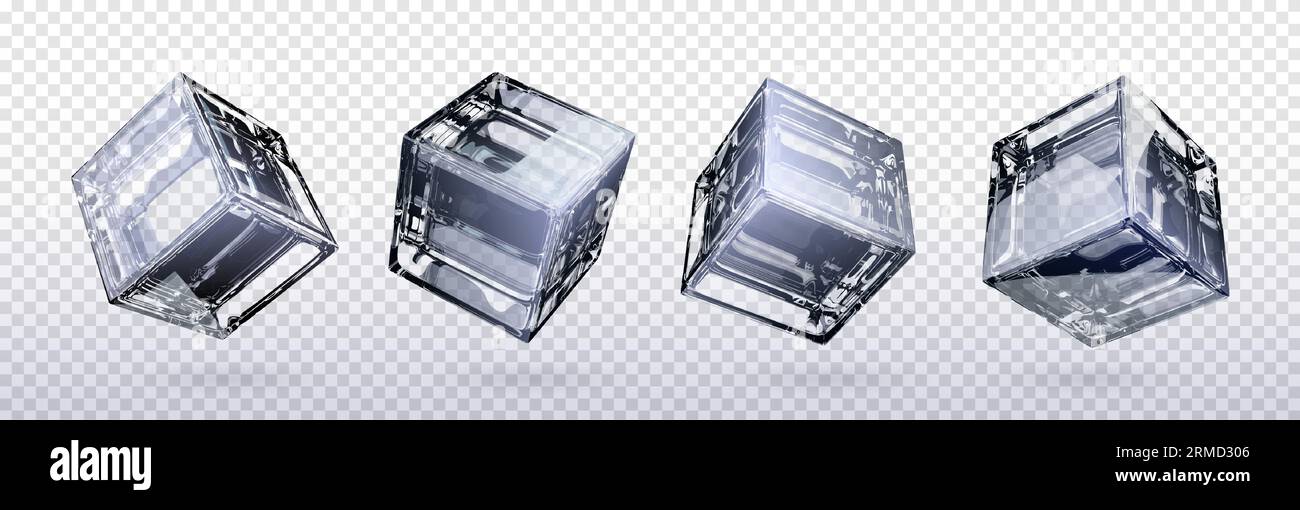 3d glass cube box vector isolated on transparent background. Crear black and white realistic geometric block with reflection. Glossy acrylic object design polygon set. Glassy futuristic art icon Stock Vector