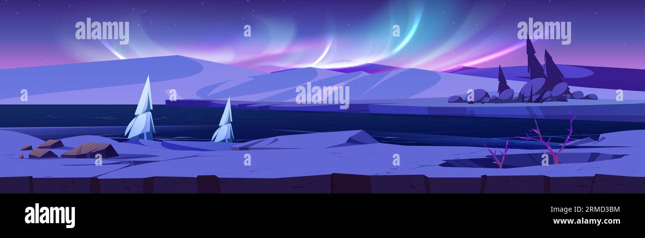Northern winter landscape with snow covered and frozen icy river, mountains, trees and aurora borealis in sky. Cartoon vector illustration of night polar panorama. Arctic twilight skyline scenery. Stock Vector