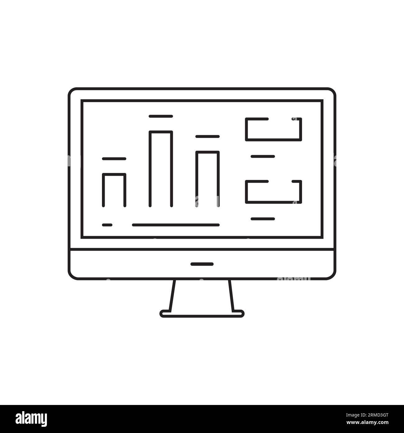 Computer with online statistics and analytics line icon. Online report and chart analysis vector outline sign. Stock Vector