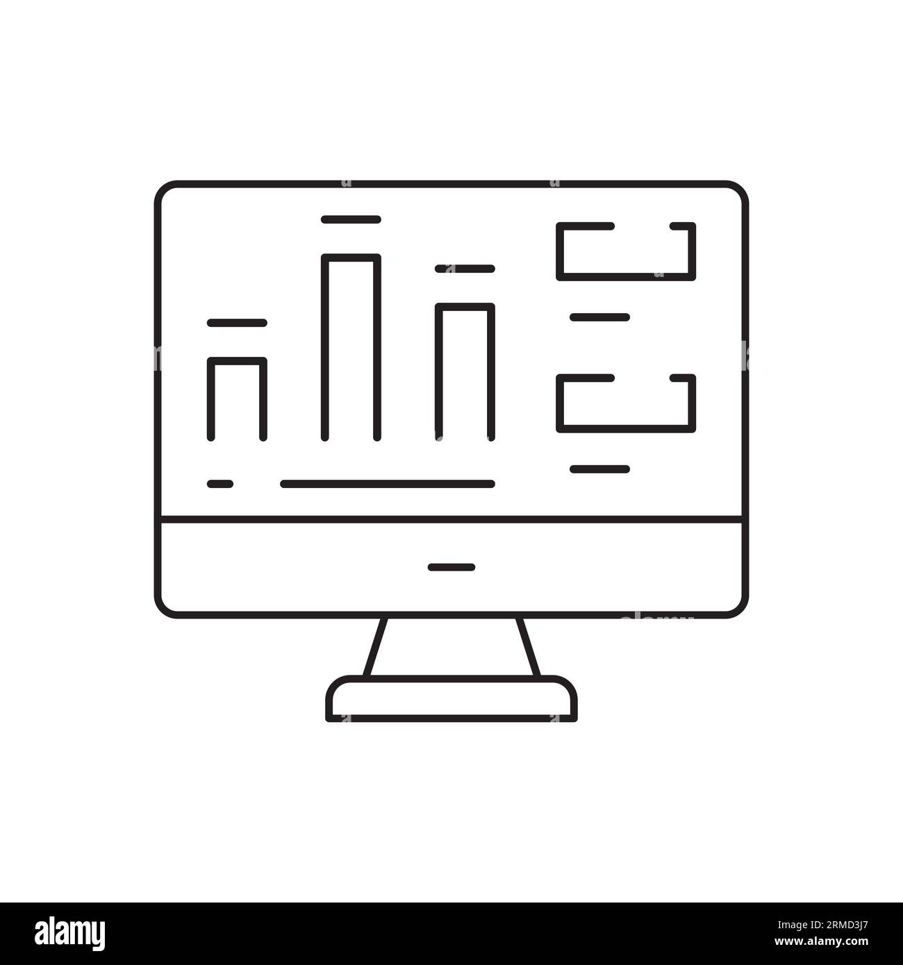 Computer with online statistics and analytics line icon. Online report and chart analysis vector outline sign. Stock Vector