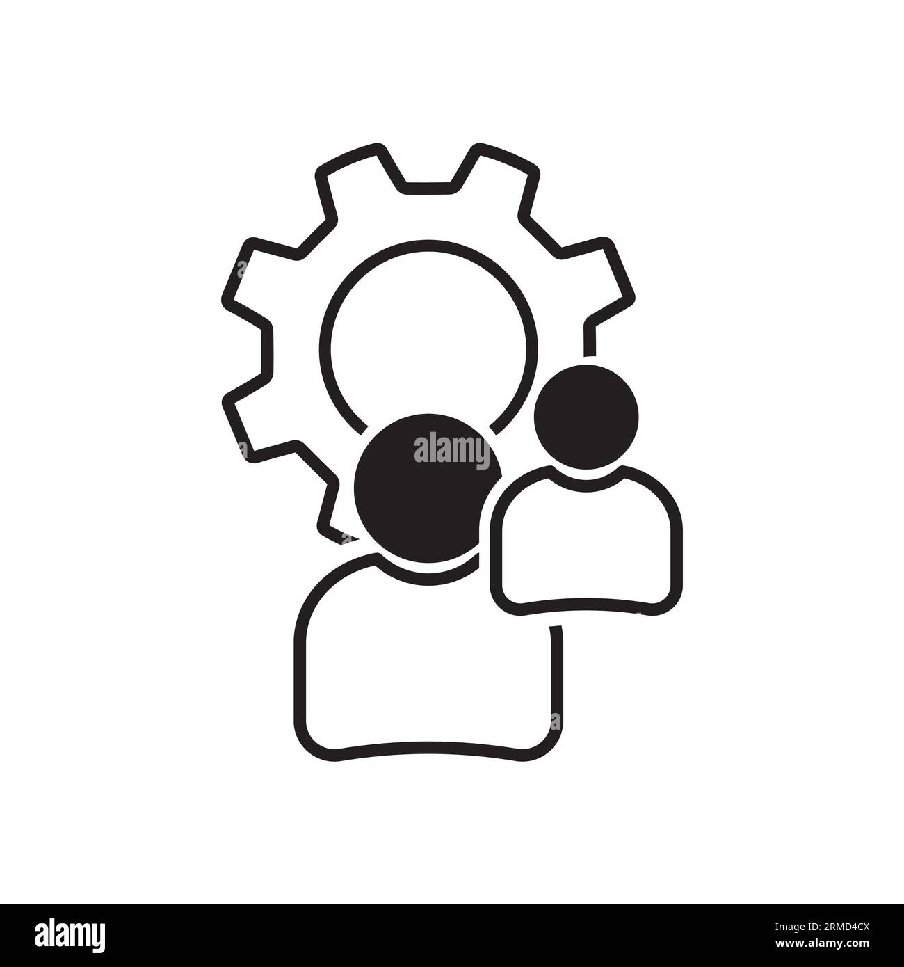Team work icon, vector pictogram of collaboration process. People in cog wheel, efficiency stroke sign for HRM management. Stock Vector
