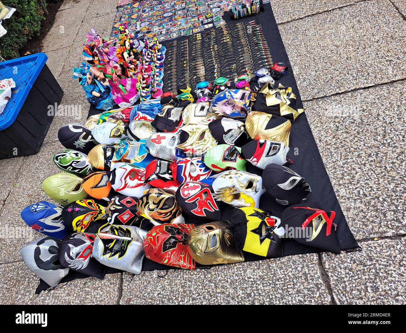 Mexico City, Mexico - August 23, 2023: Street stall selling masks of famous wrestlers from Mexican wrestling as souvenirs Stock Photo