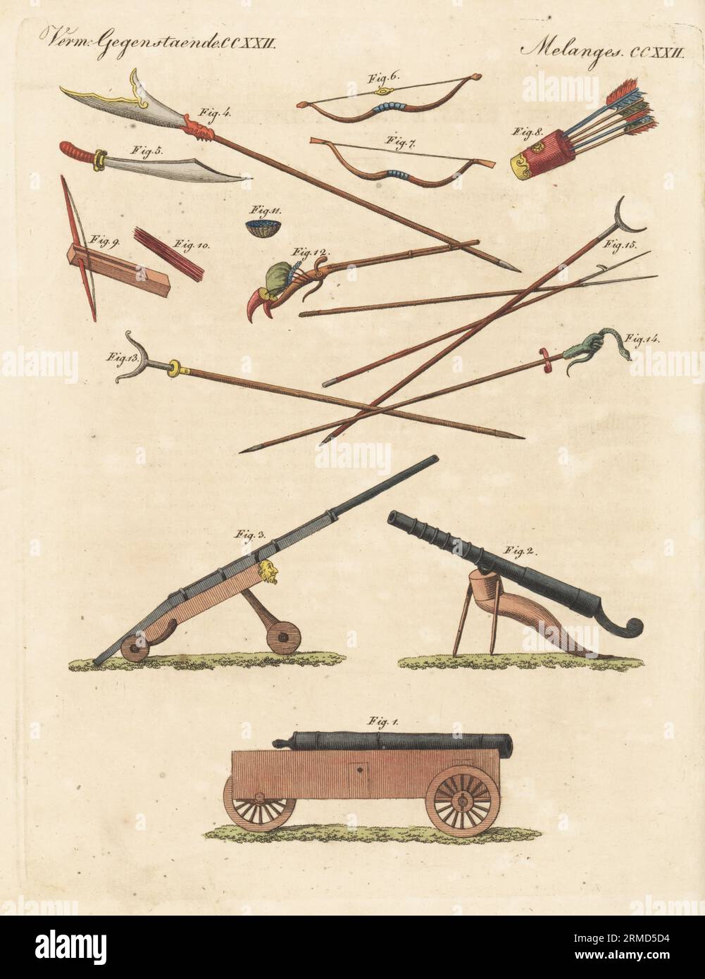 Chinese fire-arms and other weapons. Large artillery cannon 1, old cannon 2, culverin 3, halberd 4, cavalry sabre 5, bows 6,7, quiver 8, crossbow 9, darts 10, lead balls 11, musket 12 and rest 13, hand with serpent symbolizing prudence 14, and lances 15. Copied from an illustration by Antoine Cardon in Jean Baptiste Joseph Breton's La Chine en miniature, 1811. Handcoloured copperplate engraving from Carl Bertuch's Bilderbuch fur Kinder (Picture Book for Children), Weimar, 1815. Stock Photo