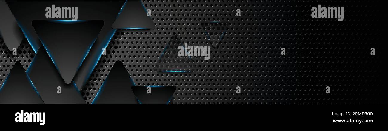 Black tech triangles with blue glowing neon light abstract banner design. Vector background Stock Vector