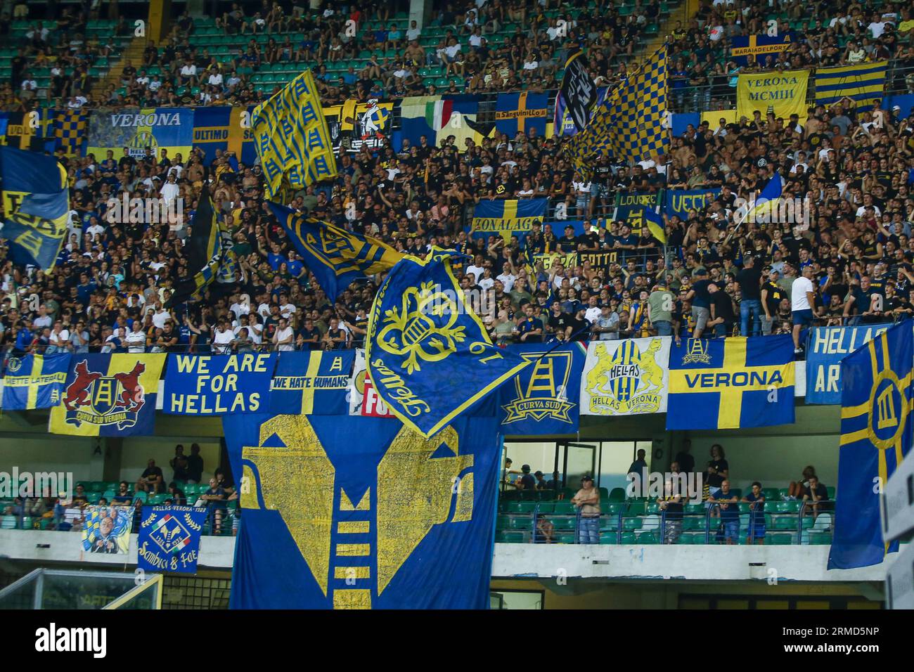 Verona, Italy. 26th Aug, 2023. Hellas Verona fans show their support during Hellas  Verona FC vs AS Roma, 2Â° Serie A Tim 2023-24 game at Marcantonio Bentegodi  Stadium in Verona, Italy, on