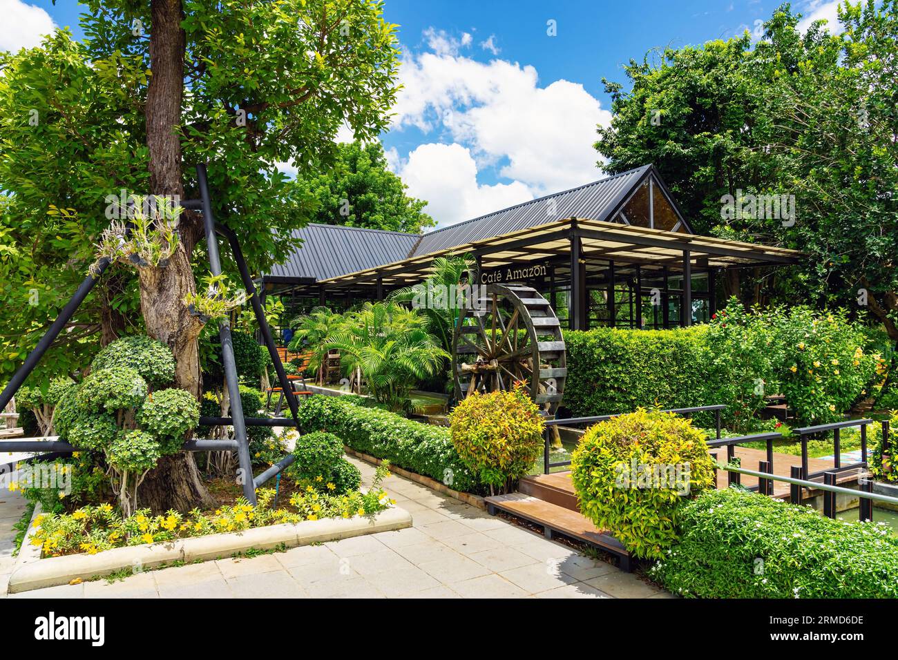 KANCHANABURI, THAILAND-JULY 6,2023 : Beautiful exterior view of Cafe Amazon coffee shop with nature environment at PTT Oil station. Cafe Amazon is a f Stock Photo