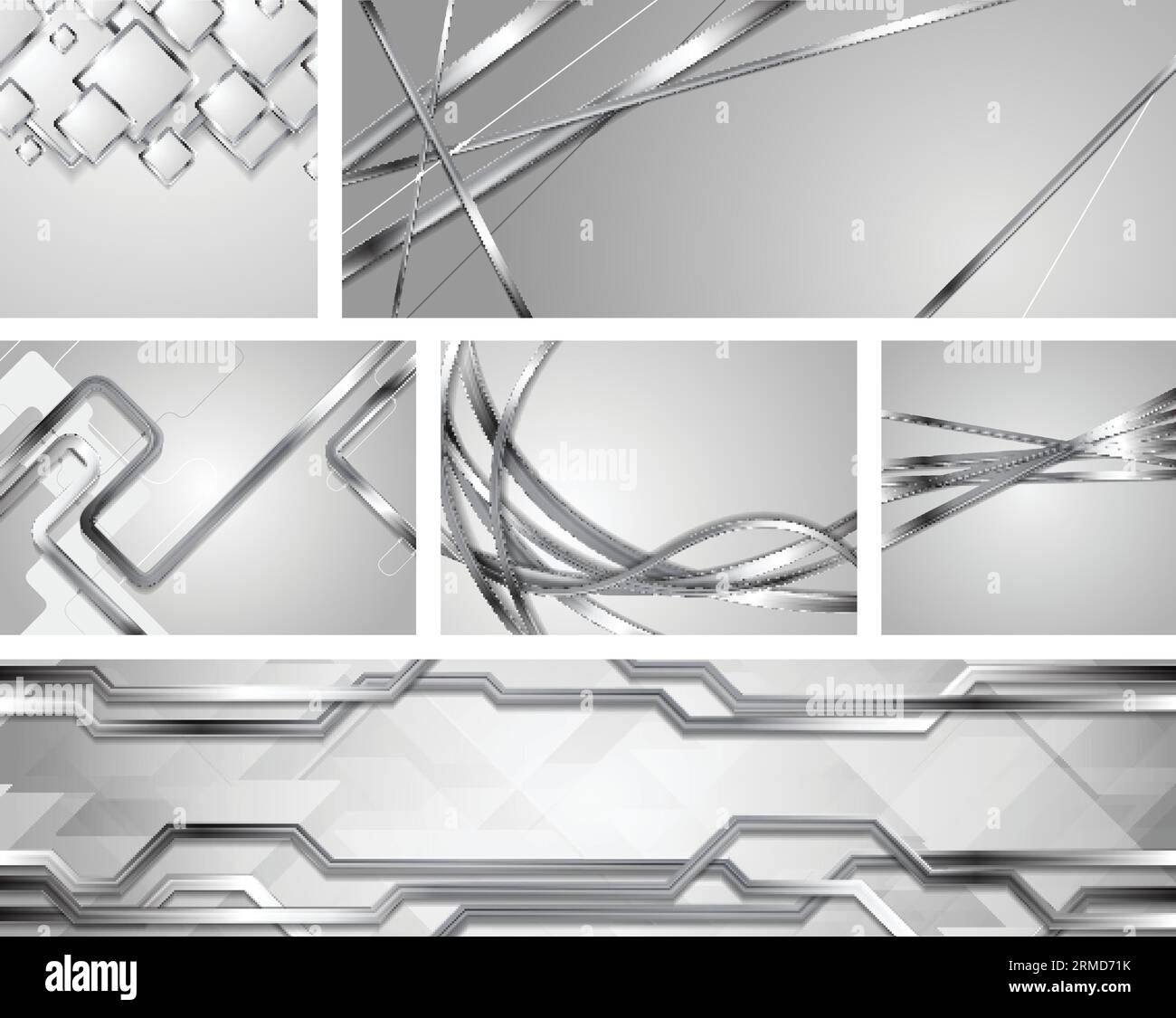 Set of grey silver metallic tech and wavy backgrounds. Abstract chrome style vector design Stock Vector