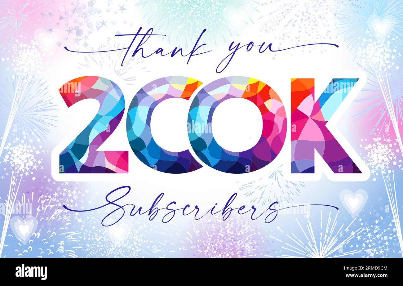 Thank you 200k subscribers social media post. Colorful thanks for 200.000 networking followers. 200 000 sign. Number 100, letter K creative icon Stock Vector