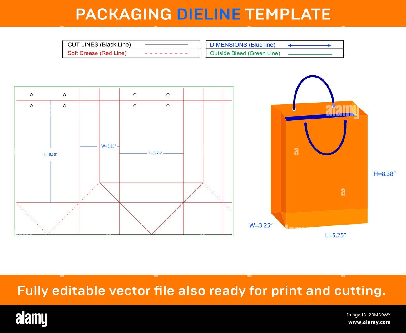 Shopping bag Dieline Template 5.25x3.25x8.38 inch Stock Vector