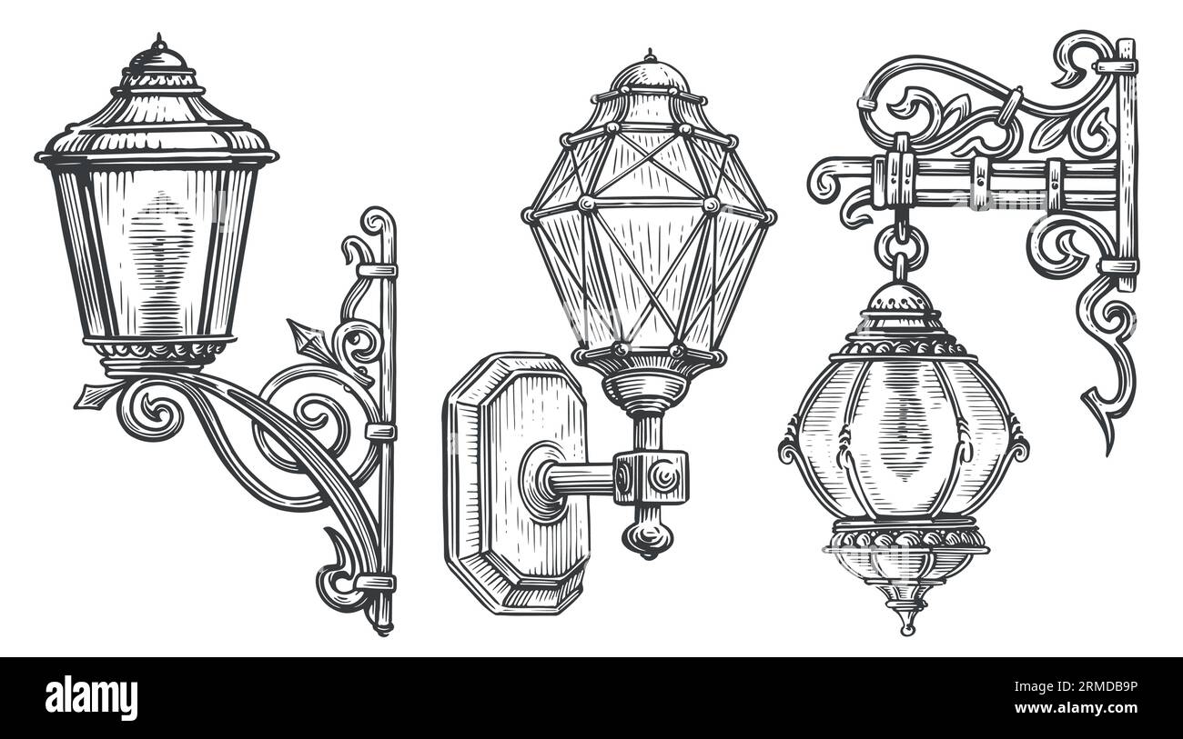 Wall old street lamp. Vintage lantern sketch vector illustration engraving style Stock Vector