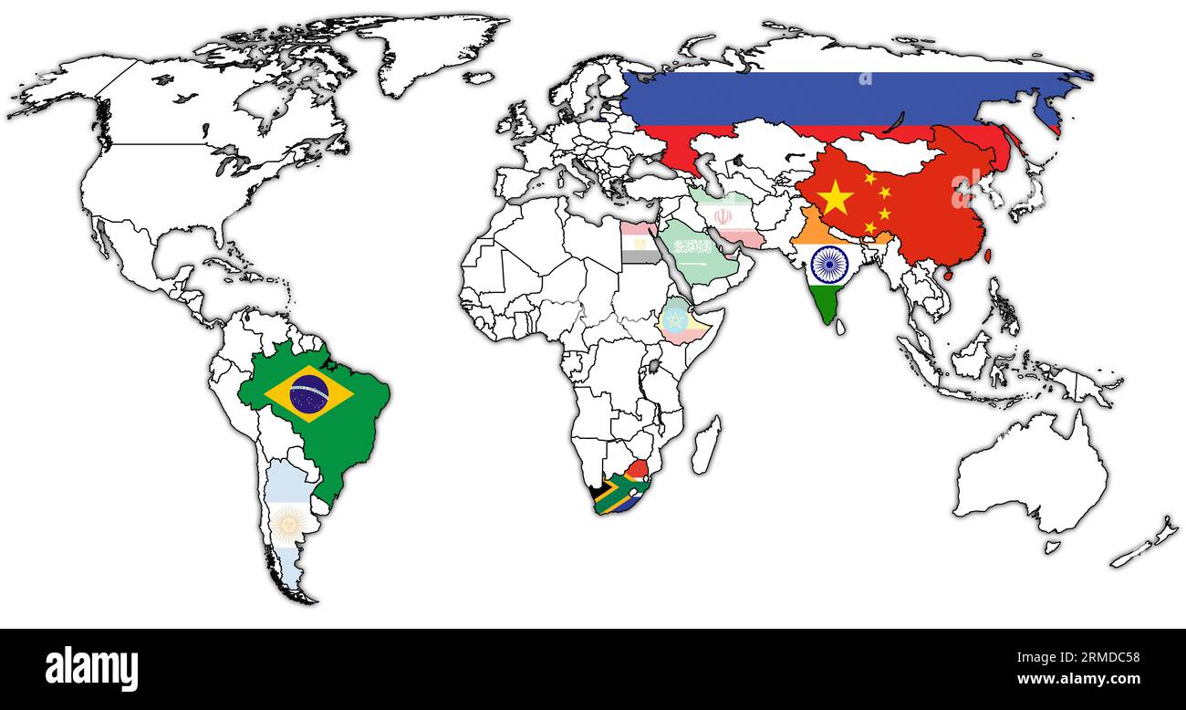 BRICS member countries and candidates flags on political world map with national borders Stock