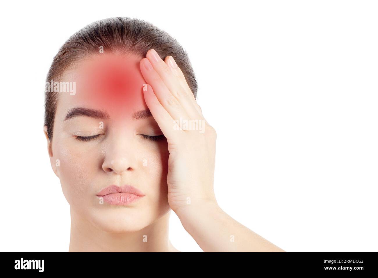 Woman has a headache or fever. Red spot pain migraine, Close Up