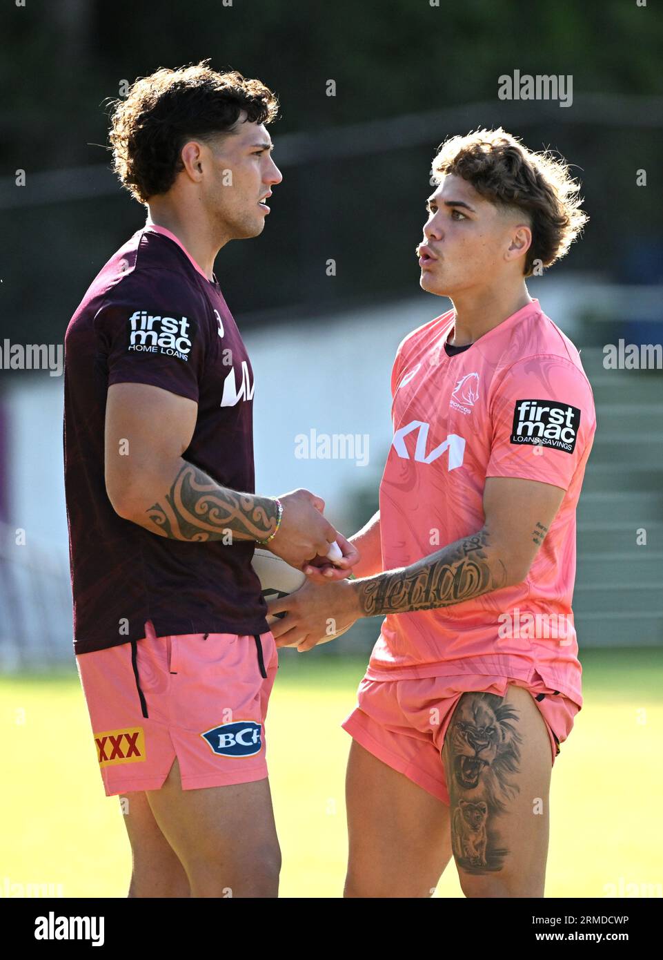 Brisbane, Australia. 28th Aug, 2023. Jordan Riki (left) and Reece Walsh
