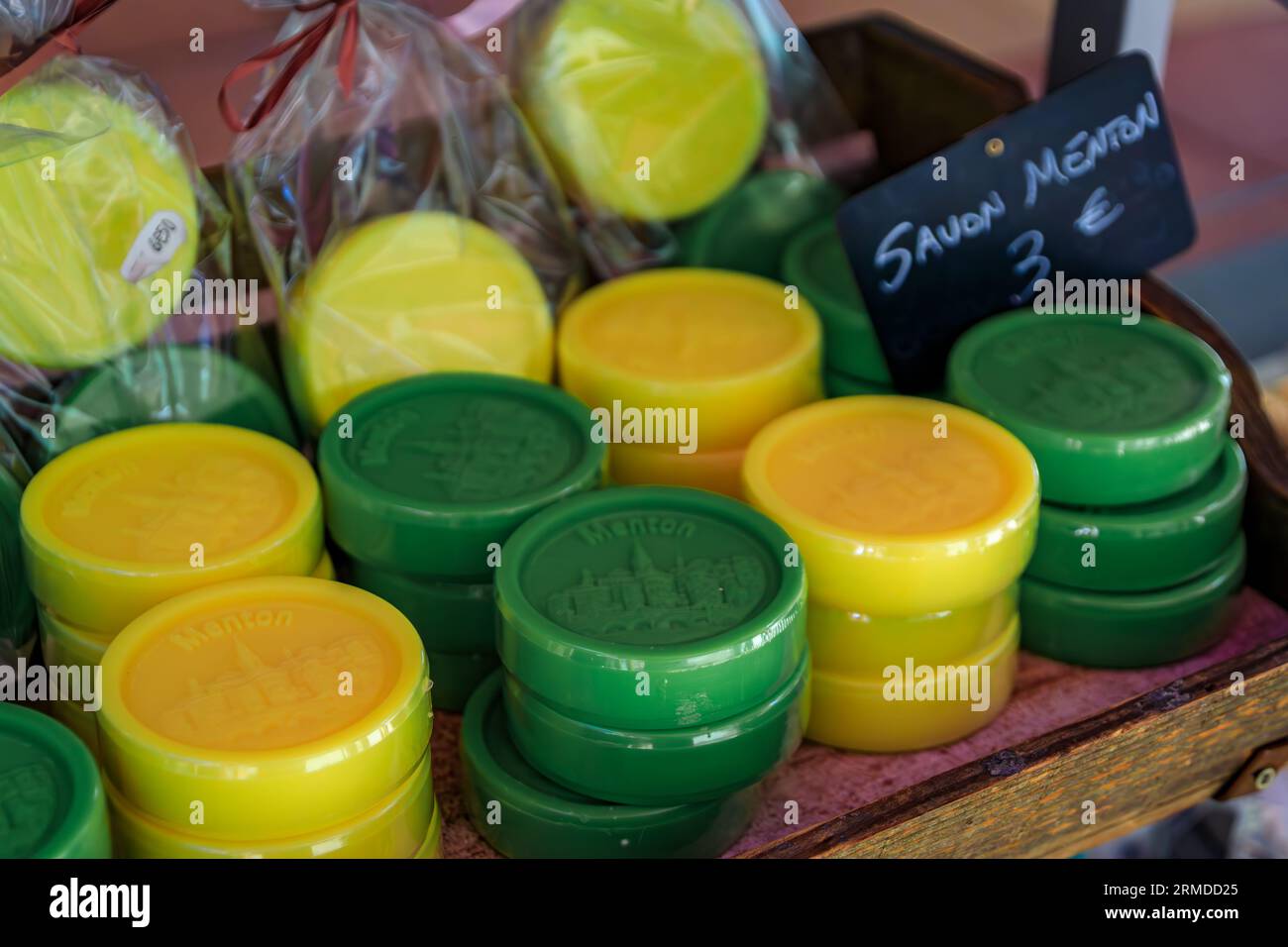 Colorful natural yellow lemon scented handmade soap at a local farmers  market in the Old Town Vieille Ville in Menton, French Riviera, South of  France Stock Photo - Alamy