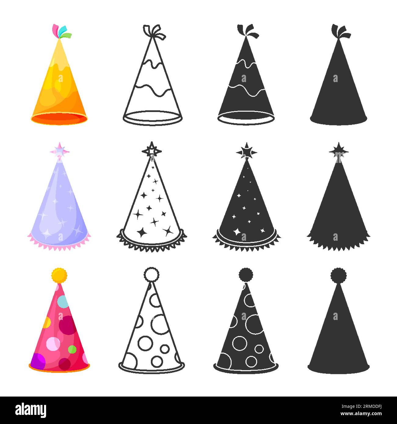 Holiday party cone cap hat triangle flat line glyph silhouette set. Editable stroke outline sticker colorful party headdress cartoon yellow purple wizard star magic red clown in dot fringe isolated Stock Vector