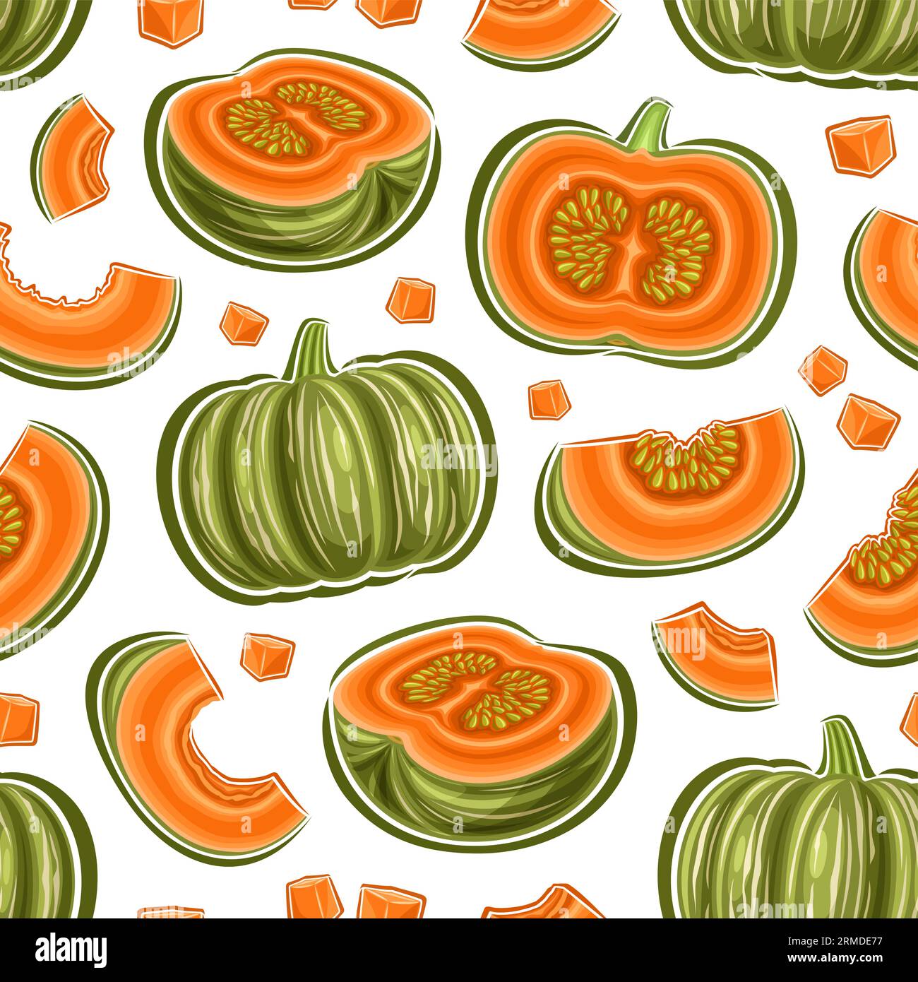 Vector Kabocha Seamless Pattern, repeat background with cut out illustrations of ripe whole and chopped green pumpkins for wrapping paper, square post Stock Vector