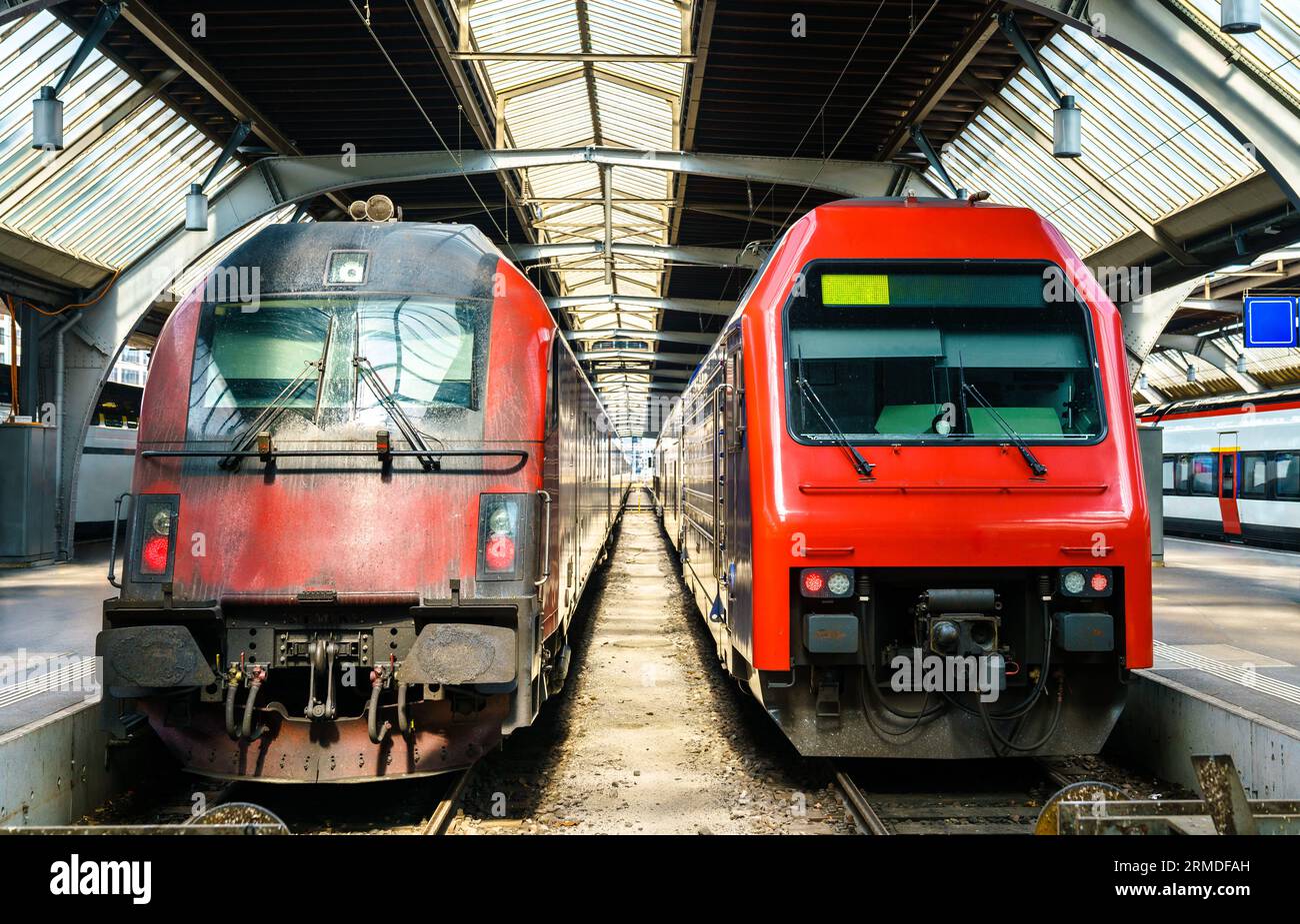 Modern passenger trains at Zurich Main Station in Switzerland Stock