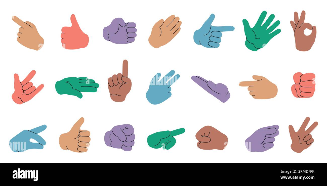 Colorful hands collection. Human arm and hand gestures, people gestures with fingers, point, shake, fist and hand sign. Vector flat set Stock Vector