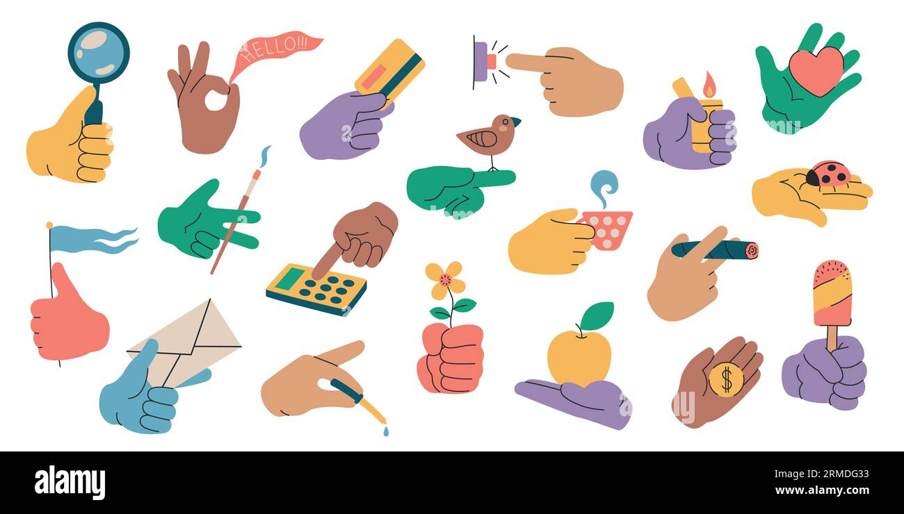 Hands holding objects. Human arm with various stuff, cartoon hand showing gesture and using daily cary tools and items. Vector set Stock Vector