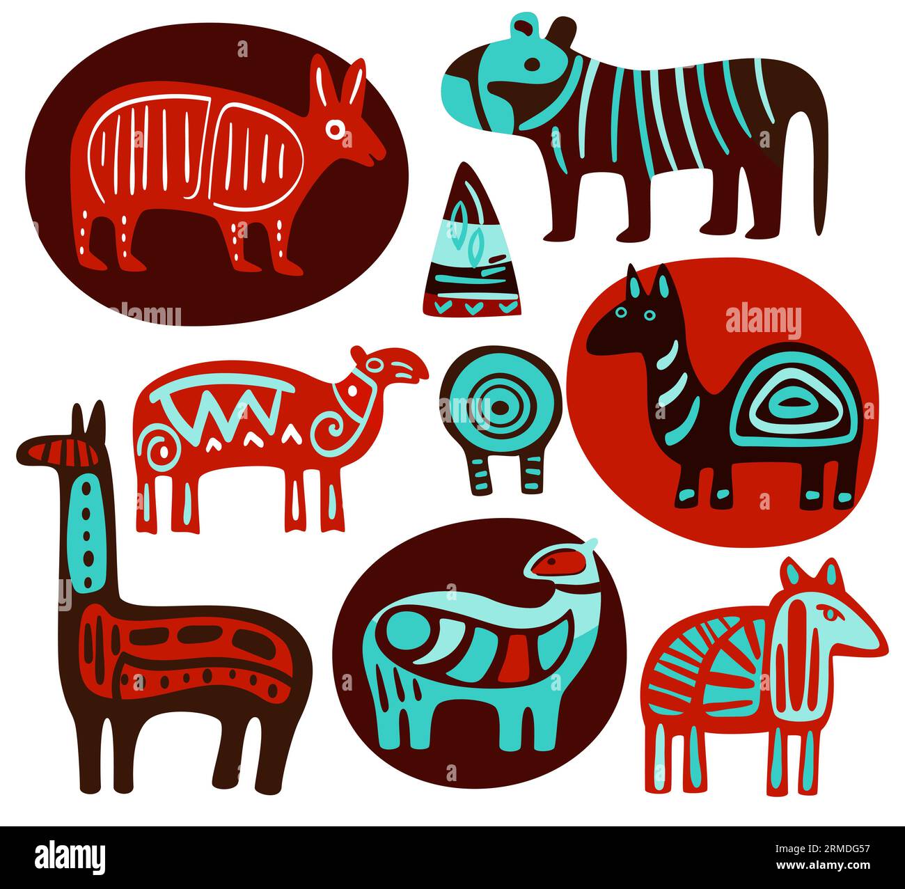 Set of ethnic animalistic ornaments. African tribal motifs with silhouettes of wild animals - llama, armadillo, antelope, tiger, giraffe.  Vector illu Stock Photo